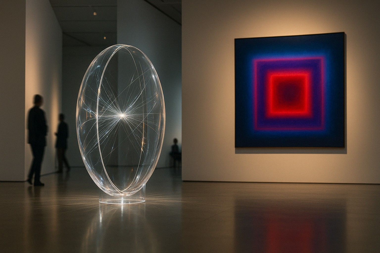 A horizontal, cinematic realism-style digital artwork depicting a modern, minimalist gallery with high ceilings and clean white walls. Central to the scene is a transparent abstract sculpture, shaped like an oval intersected by taut, shimmering threads of light, which create intricate reflections and refractions. The sculpture has a futuristic, crystalline quality, softly glowing as if lit from within. Nearby on the wall hangs a vibrant painting of three nested squares in shades of deep blue, vivid red-violet, and intense crimson, with slightly blurred edges giving them a glowing aura and a sense of motion. The gallery floor is polished concrete, reflecting subtle light from the artworks. Warm spotlights and soft ambient lighting enhance the contrast and atmosphere. A few abstract, shadowy figures of visitors are positioned in contemplation, blending into the background. The overall image conveys a timeless and thought-provoking exploration of abstract art, color, and form.