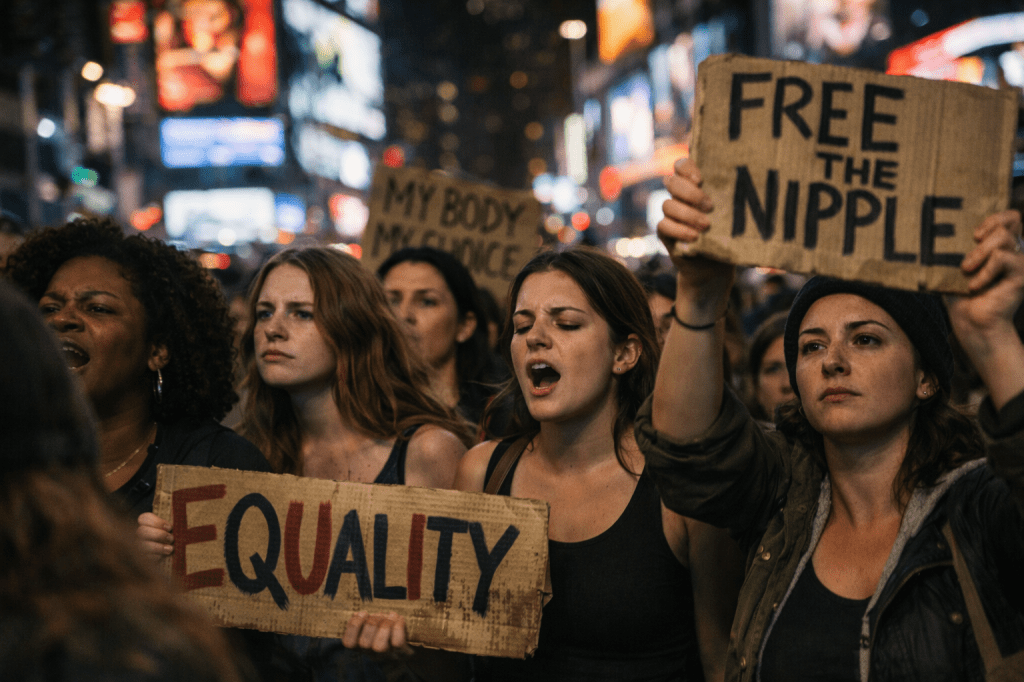 LUMIVORE V1.2 — MICRO-LOCK PROMPT
“BROKEN RHYTHM”

USE ONLY AS A VARIATION / REGEN PROMPT
Do not reset framing, crowd size, or setting

MICRO-ADJUSTED PROMPT

Preserve the existing horizontal, eye-level, embedded photojournalistic composition of the feminist protest in Times Square at night. Crowd density, signage tone, and practical lighting remain unchanged.

Introduce emotional and visual desynchronization consistent with real protest rhythm:

One central protester is between chants — mouth closed, chest slightly lifted as if catching breath, eyes focused forward or slightly downward.

One visible protester is not chanting at all, listening intently with jaw set and lips pressed together.

One chanting protester has eyes closed, expression strained rather than performative.

Break the central visual line: one prominent face is partially cropped at the forehead or chin, or turned slightly away from camera.

Compromise one main sign:

A hand blocks part of a letter, or

Motion blur softens the text, or

The edge of the sign is clipped by the frame.

Lighting remains uneven and uncorrected. One face briefly flares from billboard spill while another falls deeper into shadow. Motion blur persists subtly in hands and signs only.

The image must feel out of sync, interrupted, and mid-beat, as if captured just before or after the chant lands.

HARD LOCKS (DO NOT BREAK)

No synchronized expressions

No hero trio alignment

No clean or centered signage

No editorial lighting balance

No posed eye contact

No aesthetic grading

FAILURE PREVENTION (NEGATIVE PROMPT)

Avoid:
perfect chant timing, evenly open mouths, balanced facial exposure, fully readable slogans, central symmetry, cinematic crowd choreography, glamour realism, staged protest imagery

FINAL INTENT CHECK

If the crowd appears unified in expression or timing, the image has failed.
Power comes from fracture inside unity — the moment where collective action reveals individual strain.