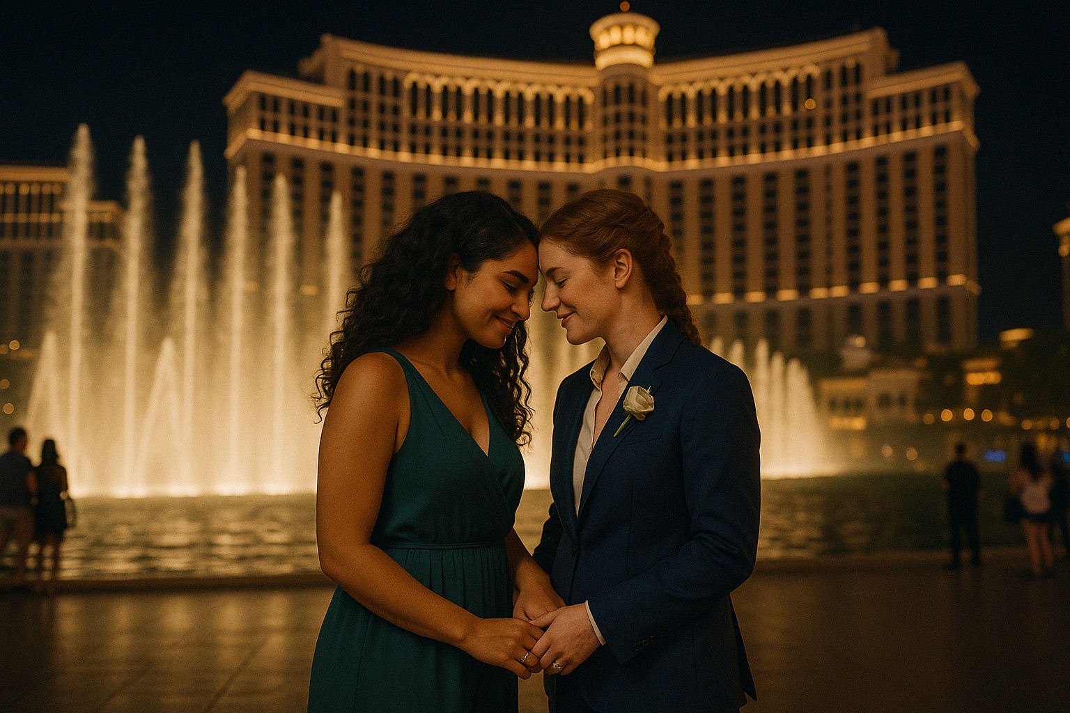 HORIZONTAL IMAGE: A cinematic image of two women in their late 20s stand together in front of the Bellagio Fountains in Las Vegas. One woman, with a warm olive complexion, wears a sleeveless jumpsuit in deep emerald green that flows gently in the desert breeze, her black curls cascading over her shoulders. The other woman, with fair skin dusted with freckles and auburn hair pulled into a loose braid, is dressed in a tailored navy-blue suit with a simple white rose tucked into the lapel. They are caught in a moment of quiet intimacy, their foreheads gently touching as they hold hands, both wearing small silver rings that catch the light. Behind them, the iconic Bellagio Fountains erupt in a grand display, their spray illuminated by golden lights against the night sky. Around the couple, the world seems to pause. The pavement reflects the soft glow of the fountains, creating a magical atmosphere that highlights their connection. Passersby fade into the background, leaving the focus entirely on the two women and their love, radiating warmth and joy in this romantic Las Vegas setting.