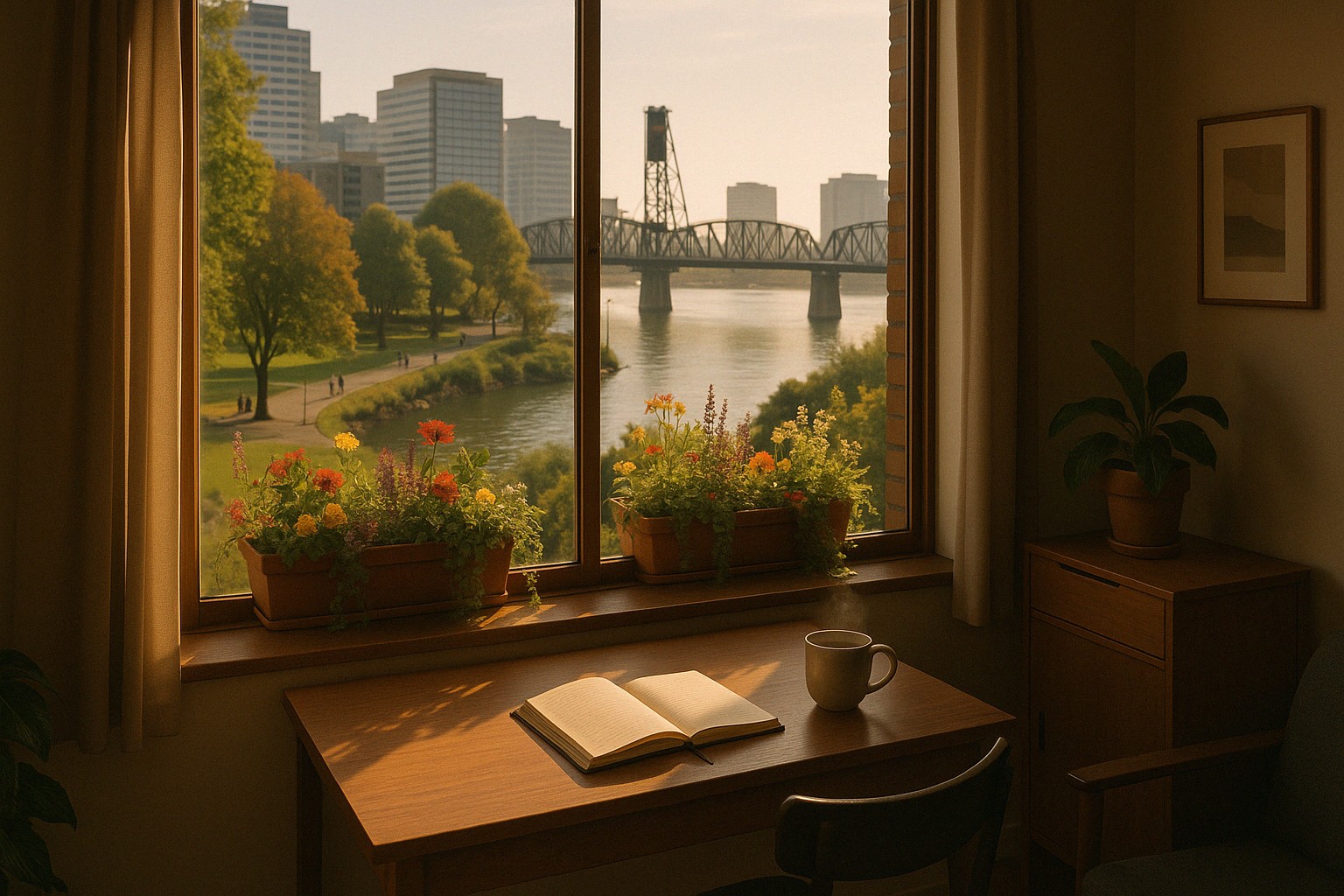 A horizontal cinematic image of a reflective scene of a quiet ally: a serene apartment in downtown Portland, Oregon, with warm, natural lighting streaming through a large window overlooking a park and waterway, blending urban and natural elements. A desk is visible with an open notebook and a steaming cup of tea nearby, suggesting thoughtful reflection. Outside the window, vibrant, diverse flowers and lush greenery in planter boxes stand out, symbolizing resilience and growth. The atmosphere is calm yet purposeful, with a sense of quiet dedication to listening, learning, and supporting others. The room feels inclusive and inviting, with soft, earthy tones, modern minimalist furniture, and personal details that evoke authenticity.