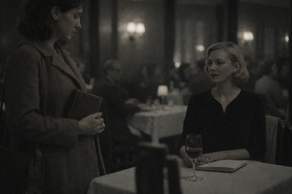 LUMIVORE V1.1 — DINING INTERIOR CANON
“Restaurant Interior, Winter Evening (1950s)”

HORIZONTAL CINEMATIC IMAGE

A horizontal cinematic still set inside a restaurant during winter in the 1950s, rendered in grounded, observational realism with restrained period discipline. The image feels occupied and ordinary rather than intimate or dramatic.

Two women are present at a table, but they are not framed as a shared moment.

One woman sits at the table, positioned slightly off-center. She appears to be in her 30s. Her posture is upright but contained. A glass rests near her hand. A notebook or folded papers lie on the table, partially closed. These objects appear incidental, not symbolic. She does not look directly at the other woman.

Nearby, another woman stands beside the table, partially cropped by the frame. She holds a book or folder loosely against her body. Her stance suggests arrival or pause rather than intention. She does not meet the seated woman’s gaze.

Their eyelines do not connect. No emotional exchange is performed.

The restaurant around them continues. Other diners sit in the background, partially obscured by movement, furniture, and lighting. Lamps glow unevenly. Conversations happen out of focus. The room does not quiet for them.

Lighting is practical and diffuse, softened by interior fixtures. No face is privileged. No glow isolates the women from the environment. Shadows fall naturally.

The camera observes from eye level at a modest distance. Foreground elements — chairs, table edges, passing servers — partially interrupt the women’s silhouettes. No figure is fully isolated.

The mood is quiet and unresolved. Nothing is being decided. Nothing is being declared.

The restaurant holds them briefly, then continues.

🎞️ COLOR & TEXTURE NOTES

Muted mid-century palette

Soft contrast

Natural film grain

Practical interior lighting

No romantic warmth

❌ NEGATIVE PROMPTS

No mutual gaze

No beauty lighting

No emotional emphasis

No symbolic table props

No cinematic longing

No reenactment of Carol imagery

CANON POSITIONING NOTE

This image represents proximity without convergence.

Presence does not imply connection
Desire is not staged
The public space remains dominant

It belongs in Lumivore as a scene where meaning could occur — but does not. Further neutralize interior lighting to flat overhead illumination, reduce facial highlight contrast so faces blend into ambient tones, and lower the visual prominence of the wine glass and notebook so they read as incidental rather than interpretive, preserving all composition, occlusion, era accuracy, and background activity.