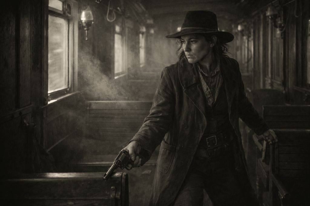 LUMICORE V1.1 — CANON SCENE PROMPT

“Between Stations”
(Locked Final)

FORMAT: Horizontal cinematic still
COLOR: Black-and-white with restrained sepia undertone
REALISM MODE: Grounded early-20th-century historical realism (no stylization)

PROMPT

A horizontal black-and-white cinematic image with a subtle sepia undertone, set inside the interior of a steam locomotive railcar in the early 1900s. The image is rendered in grounded cinematic realism, prioritizing believable motion, practical lighting, and material authenticity over spectacle.

The railcar interior is narrow and utilitarian, constructed of dark, worn wood paneling with brass fittings dulled by constant use. Benches, handrails, and storage fixtures show scuffs, dents, and uneven wear from years of travel. The space feels enclosed and vibrating with forward momentum rather than expansive.

Light enters primarily through small side windows, uneven and partially obscured by grime. Daylight cuts in at sharp, imperfect angles, briefly catching dust disturbed by the train’s movement. Dust appears intermittently and inconsistently, visible only where it crosses light—never stylized or exaggerated.

Illumination is supplemented by fixed gas lamps mounted along the walls. The lamps burn steadily, not swinging, their glow weak and functional. Shadows shift subtly due to vibration and changing exterior light rather than dramatic effects.

The sense of speed is conveyed through environmental cues rather than blur: slight vibration in hanging elements, loosened objects resting imperfectly, and the instinctive bracing of the body against motion. No exaggerated motion blur dominates the frame.

A woman stands within the railcar, dressed in period-accurate outlaw attire appropriate to the early 1900s—functional layered clothing, sturdy boots, and practical fabrics worn and dusted from travel. Her clothing shows creases, fraying, and signs of long use.

She holds a period-appropriate revolver aligned with the technology of the era. The revolver is held lower and closer to the body, angled slightly downward and partially obscured by her coat or the bench, reading as contained readiness rather than a commanding or heroic pose. The weapon reads as a tool, not a symbol.

Her posture is controlled and economical. She braces subtly against the movement of the train, attention focused off-frame rather than toward the camera. She does not pose; she occupies the space as someone accustomed to danger and motion.

Her hands are natural and unexaggerated—no stylized tension, no dramatic angles. The grip is functional and restrained.

The composition balances her presence with the surrounding railcar architecture. She is integrated into the space rather than isolated from it. The atmosphere is tense but contained, defined by confinement, momentum, and anticipation rather than action.

CAMERA & LENS

Eye-level or slightly offset perspective

Moderate focal length (35–45mm equivalent)

Natural depth of field; no aggressive blur

LIGHTING

Mixed practical light (daylight + gas lamps)

Uneven illumination

No spotlighting or heroic rim light

NEGATIVE PROMPTS

No heroic or commanding poses

No exaggerated motion blur

No swinging lamps

No stylized dust beams

No modern firearm designs

No action-poster framing or glamorization