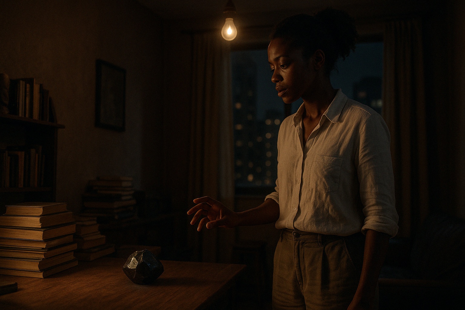 A dimly lit Johannesburg apartment at night, cluttered but lived-in, with warm earth-toned walls and books stacked haphazardly on a desk. Sitting on the desk, stark against the wood, is a rough, unpolished black diamond—unnatural in its presence, pulsing faintly as if alive. Ama Sekou, a Ghanaian-South African woman in her early thirties, stands near the desk, her dark brown skin illuminated by the faint glow of city lights filtering through a curtain. She has strong cheekbones, full lips, and natural, textured hair pulled into a loose bun. Dressed in a simple, slightly wrinkled white button-down and worn linen slacks, she hesitates, fingers inches away from the diamond. The air around her feels unnaturally still, the shadows in the corners of the room just a little too deep. The overhead light flickers ominously.