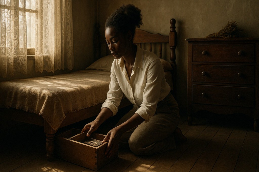 Inside a small, rustic house in Soweto, worn with time but filled with the warmth of generations. Ama Sekou, a Ghanaian-South African woman in her early thirties, kneels beside an old wooden bed, pulling out a weathered wooden box from beneath it. Ama has strong cheekbones, full lips, and natural, textured hair pulled into a loose bun and is dressed in a simple, slightly wrinkled white button-down and worn linen slacks. The box is locked, the key wrapped in faded kente cloth, tucked inside a creaky dresser drawer. The room smells of aged wood, dried herbs, and the faint trace of burning incense. Sunlight filters through old lace curtains, casting intricate patterns on the floor. The contrast between the warm, sunlit areas and the cooler shadows is more pronounced, emphasizing the weight of history pressing down. Ama’s hands, strong and calloused from years of work, now rest near the box without a lid, fully exposing a single cassette tape, brittle with age.