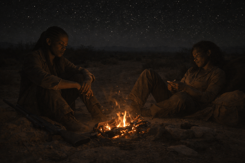 LUMIVORE V1 — EPISODE V
IMAGE 1 (FINAL CANON)
“AFTER THE FIRE”
FUNCTION

Emotional decompression.

This image allows the story to exhale after consequence and motion.
It processes what happened without explaining it.

The fire is not an event.
It is a witness.

This image holds the exchange:

“We did good, didn’t we, Mags?”
“Yeah. We did.”

Nothing more needs to be said.

CANON IMAGE PROMPT

A horizontal, cinematic exterior image set at night in the open desert, rendered in grounded, photorealistic prestige-film realism. The tone is low, introspective stillness — exhaustion without collapse, survival without celebration.

This image captures the quiet after action has fully passed.

PRIMARY COMPOSITION — STILLNESS AROUND FIRE

A small campfire sits low in the frame, modest and contained.

Flames are steady, not flaring

Occasional soft sparks drift upward and disappear

The fire gives warmth, not spectacle

It is not the brightest thing in the image.
It is simply present.

The desert stretches outward in every direction, vast and indifferent.

SUBJECTS — SISTERS IN CONTRAST
MIDGROUND — MAGS (STILL)

Maggie “Mags” Bowlegs sits closest to the fire, grounded and unmoving.

Posture upright but relaxed into fatigue

Elbows resting on knees or hands loosely folded

Eyes fixed on the flames, not searching

Her expression reads as:

tired

settled

finished with this chapter

Her rifle is nearby but inactive — resting on the ground or leaned against a rock.

She is quiet in the way that comes after responsibility has been carried.

MIDGROUND / BACKGROUND — CLARA (RESTLESS)

Clara Bowlegs is nearby but not mirrored.

Leaning back on a bedroll or pack

One knee bent, body slightly sprawled

Hands fidgeting with a stick or piece of debris

Her face shows:

lingering adrenaline

soot smudges still visible

curiosity about the quiet

She is calmer than usual — but not still.

This contrast is essential:

Mags has arrived at peace

Clara is circling it

ENVIRONMENT — SCALE & SILENCE

The desert is wide and open.

Low scrub and rock barely visible

Darkness dominates without threat

The sky is full of stars — sharp, distant, unromantic

No clouds.
No moon dramatics.
No cosmic symbolism.

The stars are simply there.

Silence is implied through lack of movement.

LIGHTING LOGIC

Firelight is warm but contained

Faces are lit unevenly and naturally

Shadows fall softly, without drama

Starlight provides faint, cool backfill.

No glow.
No color grading emphasis.
No contrast spikes.

The image should feel slightly underlit, like real night.

CAMERA & FRAMING

Medium-wide shot

Eye-level, seated perspective

Stable horizon

No tilt, no movement

The camera is resting with them.

It is not watching for something.

TEXTURE & REALISM

Soot on skin

Dust on clothing

Firewood cracked and uneven

Fabric slack with fatigue

Nothing is clean.
Nothing is posed.
Nothing is cinematic for its own sake.

TONE

Quiet. Earned. Unperformed.

This is not relief.
This is not triumph.

This is the moment where the body finally understands:

We’re still here.

🔒 CONTINUITY & STORY LOCKS (DO NOT DEVIATE)

Both sisters present

Campfire small and contained

No humor yet

No action

No external threats

Night desert setting only

🚫 NEGATIVE PROMPT BLOCK (ENFORCED)

No heroic framing

No dramatic sky effects

No exaggerated fire

No sentimental poses

No visual symbolism

No modern elements

No cinematic glow