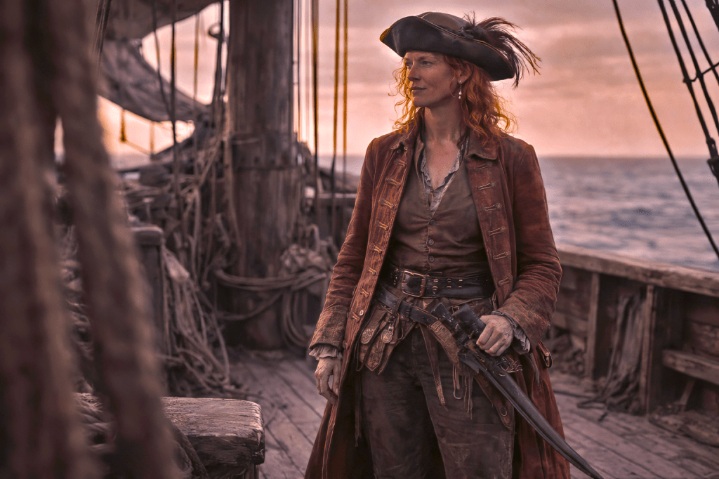 LUMIVORE V1.1 — PIRATE COMMAND CANON
“Ship Deck, Late Light (Before Night)”

HORIZONTAL CINEMATIC IMAGE

A horizontal cinematic still set on the deck of a working pirate ship at sea, rendered in grounded, observational realism with restrained historical discipline. The image feels weathered and suspended rather than dramatic or climactic.

Captain Scarlett stands alone on the deck.

She appears in her late 30s or early 40s. Her posture is upright but settled, shaped by balance and habit rather than display. Both feet rest evenly on the deck. She does not pose. She does not brace herself for action.

Render Captain Scarlett’s attire with restrained red continuity — a weathered oxblood or rust-toned coat, sun-faded and salt-dulled, with uneven wear and patching; avoid saturated crimson or uniform color dominance.

Establish Captain Scarlett’s hair as unmistakably red at rest — rusted copper tones with matte texture, sun-faded and salt-worn, visible independently of sunset lighting; avoid glossy highlights or romantic saturation. The tricorn hat sits worn and practical, its feather broken and flattened. A single pearl earring remains — not decorative, simply retained.

A cutlass hangs at her side, its metal darkened and worn smooth by use. A pistol rests in her sash, partially obscured by fabric and angle. Neither weapon is emphasized.

The belt at her waist holds ordinary items — keys, coin, rope ends — not trophies. Nothing is arranged for meaning.

Her expression is calm and unreadable. No grin. No anticipation. She looks outward toward the sea without urgency, as if measuring weather rather than enemies.

The ship around her shows labor and age: scarred planks, rope under tension, sails marked by repair. The sails catch light unevenly. No enemy vessel is visible.

The sky is late-day light, muted and settling. Color exists, but without intensity. No fiery sunset. No symbolic sky.

The sea moves steadily. Wind is present, not theatrical.

The camera observes from eye level at a modest distance. Foreground rigging or railings partially interrupt the frame. Captain Scarlett does not dominate the image. The ship holds her.

The mood is weighted and unresolved. This is not preparation. This is not aftermath.

It is simply a moment where command continues.

🎞️ COLOR & TEXTURE NOTES

Muted maritime palette

Soft contrast

Natural daylight or dusk

No dramatic sky

Subtle film grain

❌ NEGATIVE PROMPTS

No heroic stance

No enemy ship

No symbolic sunset

No victory trophies

No empowerment iconography

No cinematic climax

CANON POSITIONING NOTE

This image represents authority without performance.

Power exists without spectacle
Survival replaces legend
Command continues without announcement

It belongs in Lumivore as a moment where leadership is present — but not dramatized.