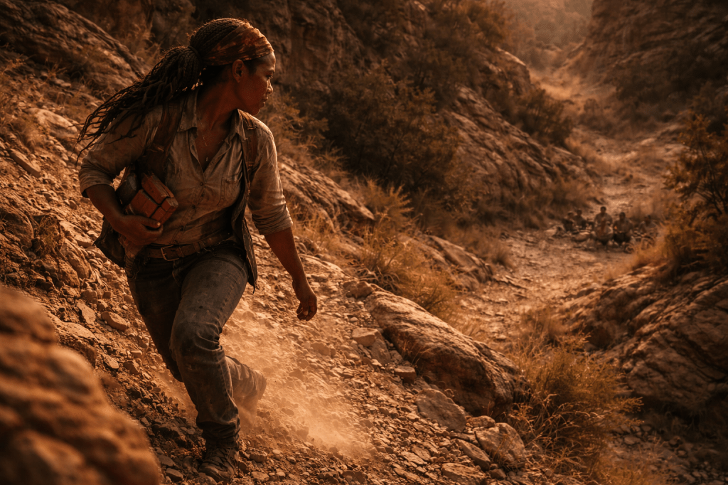 LUMIVORE V1 — EPISODE I
IMAGE 2 (FINAL CANON)
“CLARA DESCENDS”

CANON IMAGE PROMPT

A horizontal, cinematic exterior image set at late golden hour in the same red-rock canyon, rendered in grounded, photorealistic prestige-film realism. The tone is quiet inevitability — motion without panic, danger without urgency.

The camera is positioned partway down the canyon slope, slightly below and to the side of Clara Bowlegs, placing the viewer near her path rather than watching from above. The land feels close, uneven, and real.

Foreground / Midground — Clara Bowlegs

Clara Bowlegs is already moving downward across loose rock and gravel, descending with calm confidence rather than haste.

She is an Afro-Indigenous woman in her mid-20s of Black Seminole / Afro-Comanche ancestry, with a warm medium-brown complexion, natural skin texture, and faint dust smudges along her cheek and forearms. Her hair is loosely braided, practical but imperfect, with flyaways catching the light beneath a faded rust-red bandana.

Her posture is relaxed and assured:

knees bent slightly for balance

weight forward, choosing her steps

no scrambling, no slipping

She moves like someone who trusts her body and the land — even when she shouldn’t.

A short bundle of dynamite rests tucked against her side or under one arm, held casually, almost absentmindedly. It reads as habit, not threat.

Her expression is focused and bright — a small, knowing grin at the edge of her mouth. This is not fear or thrill. This is certainty.

Clara is not sneaking.
She is not rushing.
She is committing.

A light trail of pebbles and dust follows behind her boots, indicating motion without spectacle.

Background — Canyon Depth

Behind and below Clara, the canyon opens downward in layered stone and shadow, the slope uneven and unforgiving. The canyon floor is visible in the distance but not yet dominant.

No bandits are clearly visible yet — only hints of camp shapes and shadow below. The danger is implied, not introduced.

Environment & Atmosphere

Warm golden-hour light brushes the rock face and Clara’s shoulders, while cooler shadow settles into crevices and behind her steps. Dust hangs lightly in the air, catching the sun in small, drifting motes.

The canyon feels still — but watchful.

Lighting is naturalistic and restrained:

Late golden-hour warmth

Soft contrast between sun and shadow

No dramatic highlights or spectacle glow

Camera framing:

Medium-wide shot

Eye-level relative to Clara

Slight diagonal composition following the slope

Observational, present, unromantic

Textures are tactile and real: loose gravel, rough stone, worn fabric, dust on skin. Nothing is polished. Nothing is heroic.

Tone:
Inevitability. Confidence. Quiet danger.
This is the moment Clara decides she is already in it.

🔒 CONTINUITY & STORY LOCKS (DO NOT DEVIATE)

No explosions

No slipping or falling

Clara calm and confident

Dynamite present but casual

No visible Mags

Late golden-hour lighting only

🚫 NEGATIVE PROMPT BLOCK (ENFORCED)

No stunt framing
No scrambling or sliding
No exaggerated dust plumes
No heroic action poses
No epic Western grandeur
No modern elements
No dramatic color grading
No spectacle lighting