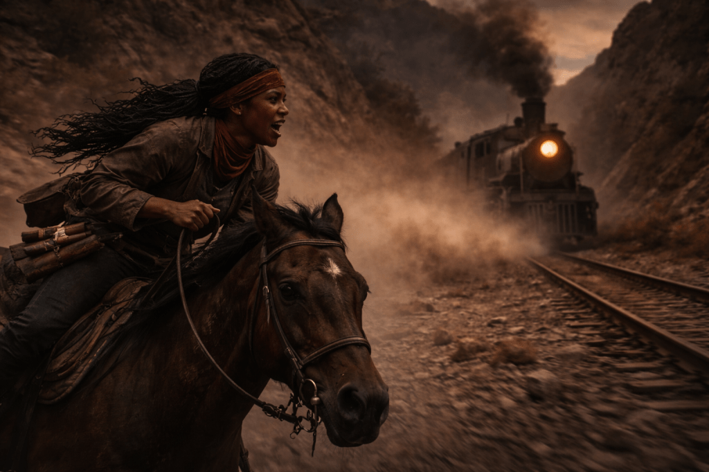 LUMIVORE V1 — EPISODE II
IMAGE 1 (FINAL CANON)
“THE CHASE”
CANON IMAGE PROMPT

A horizontal, cinematic exterior image set at dusk in a narrow red-rock canyon, rendered in grounded, photorealistic prestige-film realism. The tone is velocity and intent — motion sustained, not climaxed.

This image captures pursuit, not conflict.

PRIMARY COMPOSITION — PARALLEL MOTION

The steam train races through the canyon from left to right, occupying the midground of the frame. It is already in full motion — heavy, loud, relentless — but not yet the narrative focus.

In the foreground, running parallel to the train along uneven canyon terrain, Clara Bowlegs rides hard on horseback.

She is not chasing the train.
She is matching it.

The distance between horse and train is close enough to feel dangerous, but not yet critical.

FOREGROUND — CLARA IN MOTION

Clara Bowlegs is an Afro-Indigenous woman in her mid-20s of Black Seminole / Afro-Comanche ancestry.

She rides low in the saddle, body angled forward, knees tight, reins loose but controlled. Her posture is instinctive and practiced — reckless only to those watching.

Her hair is loosely braided, bandana pulled tight against the wind, braids whipping behind her. Dust clings to her clothes and boots.

Her expression is exhilarated focus — mouth open in laughter or breath, eyes locked forward, not on the train but on the space ahead.

A satchel of dynamite rides against her side, visible but secondary — part of her, not a threat yet.

Clara is not performing.
She is moving.

MIDGROUND — THE TRAIN AS FORCE

The train barrels alongside her, partially obscured by dust and canyon curvature.

Only portions are clearly readable:

the iron wheels pounding the rails

the lower boiler edge

steam venting from pistons

smoke trailing backward into the canyon

The headlamp may be faintly visible, but it is not dominant.

The train is loud, heavy, and fast — but not yet narrative center.

It is an object to be caught, not admired.

BACKGROUND — CANYON CONSTRAINT

Canyon walls press inward, uneven and close, amplifying speed and sound.

Dust is torn from the ground by both horse and train, dragged into elongated horizontal streaks — no vertical plumes, no spectacle bloom.

The land blurs at the edges, but remains legible.

This is real speed, not stylized motion.

LIGHTING & ATMOSPHERE

Dusk light bleeds out of late golden hour

Warm highlights cling to stone edges

Shadows deepen quickly in crevices

Dust catches light softly, never glowing

The train does not light the scene.
The scene is lit by time of day and movement alone.

CAMERA & FRAMING

Medium-wide framing

Eye-level relative to Clara’s ride height

Lateral composition emphasizing parallel motion

No heroic angles

No centered subject

The camera feels like it is running alongside, barely keeping up.

TEXTURE & REALISM

Wind-torn dust

Worn leather

Straining horse muscle

Iron vibration

Uneven ground

Nothing polished.
Nothing slowed.
Nothing iconic.

TONE

Momentum. Hunger. Choice in motion.

This is not the leap yet.
This is Clara deciding she will make it.

🔒 CONTINUITY & STORY LOCKS (DO NOT DEVIATE)

No explosions

No guards visible

No Mags visible

Train and horse moving parallel

Dynamite present but secondary

Dusk lighting only

🚫 NEGATIVE PROMPT BLOCK (ENFORCED)

No heroic framing
No slow motion
No sparks spectacle
No fire
No stylized motion blur
No modern elements
No dramatic color grading
No poster-style composition