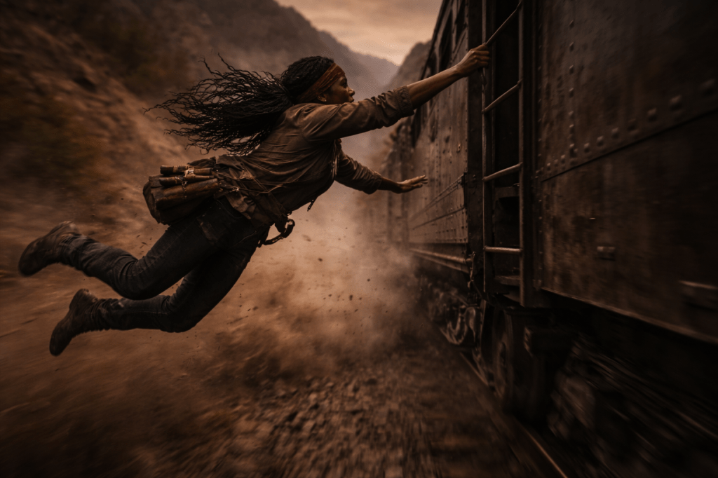 LUMIVORE V1 — EPISODE II
IMAGE 2 (FINAL CANON)
“THE LEAP”
FUNCTION

Commitment point.
Once this image exists, Clara cannot go back to the horse, the ground, or safety.

CANON IMAGE PROMPT

A horizontal, cinematic exterior image set at dusk in the same narrow red-rock canyon, rendered in grounded, photorealistic prestige-film realism. The tone is suspended decision — a fraction of time where motion has already committed but outcome is unresolved.

This image captures the exact moment Clara leaves the world behind.

PRIMARY COMPOSITION — NO RETURN

Clara Bowlegs is caught mid-swing toward the side ladder of the moving train.

Her body is fully airborne.

One hand is extended and about to close on the ladder rung

The other arm is flung back for balance

Her legs trail behind her, knees bent instinctively

The horse is already gone from frame.
The ground is gone.
There is no visible fallback.

This is not a jump from something.
This is a jump into momentum.

FOREGROUND — CLARA IN TRANSITION

Clara Bowlegs is an Afro-Indigenous woman in her mid-20s of Black Seminole / Afro-Comanche ancestry.

Her expression is not fear.

It is concentration sharpened by joy — breath caught, mouth slightly open, eyes locked on the ladder rung alone.

Her hair and bandana are torn backward by the wind, braids whipping violently. Dust clings to her clothes, but the air has already stripped most of it away.

Her dynamite satchel is visible but inert, bouncing against her side — a reminder of what she brought with her, not what she is doing right now.

Her body reads as:

decisive

unhesitating

fully committed

No flailing.
No panic.
No correction.

MIDGROUND — THE TRAIN AS MOVING WALL

The train dominates the frame as mass and speed, not detail.

Visible elements only:

the iron ladder rushing past

blurred riveted metal

the edge of a freight car

steam tearing backward

The train does not slow.
It does not frame her.
It does not acknowledge her.

It is indifferent motion.

BACKGROUND — ABSENCE OF SAFETY

The canyon walls streak past in motion blur, compressed by speed and distance.

There is no visible ground plane.
No rails are centered.
No horizon is stable.

Depth collapses into lateral movement.

This is wind and iron.
Nothing else.

LIGHTING & ATMOSPHERE

Dusk light has cooled significantly

Warm highlights cling only to rock edges and Clara’s skin

Shadows dominate the train body

Dust trails stretch horizontally, torn away by speed

No light source is created by the train.
No glow.
No drama.

The clarity comes from motion, not illumination.

CAMERA & FRAMING

Medium shot (tight enough to feel dangerous)

Eye-level relative to Clara’s airborne body

Slight diagonal tilt to destabilize the frame

No heroic low angle

No clean symmetry

The camera feels like it might miss this moment if it blinks.

TEXTURE & REALISM

Wind-stripped dust

Straining fabric

Iron vibration

Motion tearing edges apart

Nothing polished.
Nothing slowed.
Nothing staged.

TONE

Commitment. Weightlessness. Choice made.

This is the last moment before consequence replaces intention.

🔒 CONTINUITY & STORY LOCKS (DO NOT DEVIATE)

Horse fully out of frame

No ground visible

Clara fully airborne

Ladder visible and reachable

No guards visible

No explosions

Dusk lighting only

🚫 NEGATIVE PROMPT BLOCK (ENFORCED)

No slow motion
No heroic framing
No sparks
No fire
No stylized motion blur
No exaggerated poses
No modern elements
No poster-style composition
No dramatic color grading