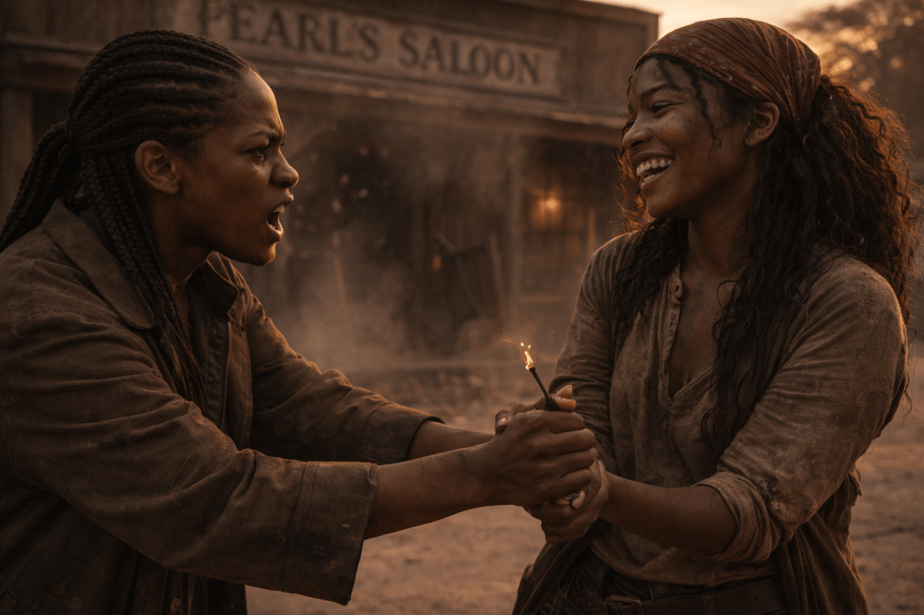 LUMIVORE V1 — EPISODE II
IMAGE 3 (FINAL CANON)
“MAGS INTERVENES”

CANON IMAGE PROMPT

A horizontal, cinematic exterior image set at sunset on the same dusty Western main street outside Pearl’s Saloon, rendered in grounded, photorealistic prestige-film realism. The explosion is fully over. The environment matches IMAGE 2 — smoke thinning, debris settled, damage done.

This image captures the first physical collision between the sisters.

Maggie “Mags” Bowlegs has just entered the frame and is already intervening.

Mags stands close to Clara Bowlegs, gripping Clara’s wrist with both hands to stop her — firm, protective, and unmistakably practiced. Her posture is grounded and braced, boots planted, shoulders forward. This is not a dramatic lunge; it is muscle memory.

Mags is an Afro-Indigenous woman in her early 30s of Black Seminole / Afro-Comanche ancestry. Her hair is tightly braided, pulled back cleanly and unmoving. She wears her sun-worn duster coat and dark work clothes, dust clinging to the fabric.

Her expression is pure older-sister strain:
jaw tight, brows drawn, eyes sharp with fear, anger, and exhausted responsibility.
Her mouth is open mid-command — not shouting for drama, but because she has said this before.

Clara, still laughing, turns toward her.

Clara’s body language remains relaxed, almost playful, even as Mags restrains her. Her shoulders are loose, her grin wide and unapologetic. She looks like someone being scolded for having too much fun.

In Clara’s restrained hand:
a short, glowing fuse or smoldering match, still dangerous but no longer spectacular.
The glow is small, steady, and real — the threat is casual, not explosive.

There are no sparks flying, no fireballs, no flying debris.
Danger exists because it is being mishandled, not because it is erupting.

The background remains the quiet aftermath:
the blown-out saloon window, crooked doors, smoke thinning into the sunset light.
The town is still empty. No bystanders. No victims.

Lighting is naturalistic and restrained:

Warm golden sunset light edges both women

Soft shadow defines faces and hands

Smoke behind them catches light gently, no glow

Camera framing:

Medium shot (waist-up to mid-thigh)

Eye-level

Tight enough to prioritize hands, faces, and proximity

Observational, not heroic

Textures are tactile and real: dust on skin, worn leather, fabric creases, faint soot, sweat at the hairline. Nothing is polished. Nothing is theatrical.

Tone:
Responsibility collides with joy.
Love expressed through restraint.
This is how disasters stop — not with explosions, but with hands.

🔒 CONTINUITY & CHARACTER LOCKS (DO NOT DEVIATE)

Explosion already happened

Only Clara and Mags visible

Same aftermath environment as Images 1 & 2

Fuse/match present but small and mundane

Physical restraint, not action choreography

Sunset lighting only

🚫 NEGATIVE PROMPT BLOCK (ENFORCED)

No explosion
No fireball
No sparks shower
No flying debris
No victims
No townsfolk
No heroic framing
No stylized action poses
No modern elements
No dramatic color grading
No stylized VFX