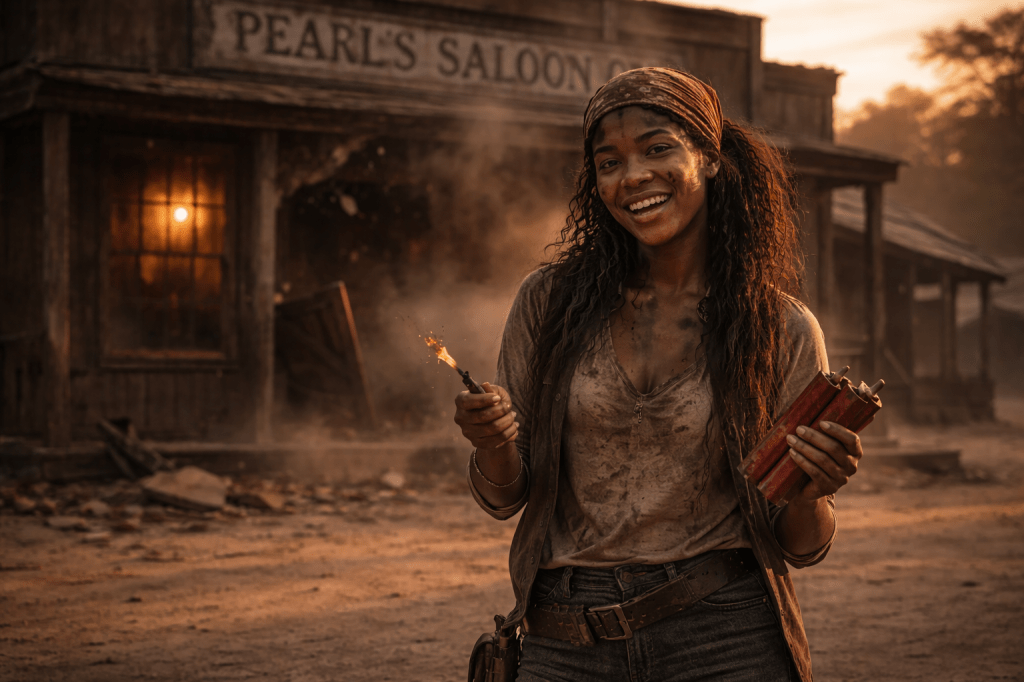 LUMIVORE V1 — EPISODE II
IMAGE 2 (FINAL CANON)
“CLARA REVEALED”

CANON IMAGE PROMPT

A horizontal, cinematic exterior image set at sunset on a dusty Western main street, rendered in grounded, photorealistic prestige-film realism. The tone is quiet absurdity — consequence in the background, joy in the foreground.

The aftermath of the explosion at Pearl’s Saloon fills the background:
one front window blown out, doors hanging open and askew, smoke and dust still drifting lazily into the street. Debris litters the ground. The blast is fully over. Nothing is erupting.

Clara Bowlegs stands alone in the foreground, clearly responsible — and completely delighted.

She is an Afro-Indigenous woman in her mid-20s of Black Seminole / Afro-Comanche ancestry, with a warm medium-brown complexion, natural skin texture, faint soot smudges on her cheeks, and dust clinging to her clothes. Her hair is loosely braided, semi-chaotic, with flyaways escaping beneath a faded rust-red bandana.

Clara grins wide — bright, expressive eyes sparkling with mischief and pride. Her expression reads as “Well… that happened.”
She is laughing, unbothered, and unmistakably pleased.

In one hand, she casually holds a short length of dynamite.
In the other, a still-smoldering match or fuse, sparking faintly.
Her grip is careless, relaxed — this is not a threat posture, just habit.

She is positioned slightly off-center in the frame, relaxed in her stance, weight shifted comfortably to one hip. The destruction behind her feels almost like a backdrop she forgot to clean up.

There are no other people visible.
No Mags yet.
No townsfolk.
No victim.

The humor comes from the contrast:

destruction behind her

joy in front of it

Lighting is naturalistic and cinematic:

Warm golden sunset light wraps Clara’s face and shoulders

Smoke and dust behind her catch the light softly

Long shadows stretch across the dirt street

No dramatic explosion glow. No spectacle lighting.

Camera framing:

Medium-wide shot

Eye-level

Observational, not heroic

Clara is the clear focal point, but not glorified

Textures are tactile and real: dust on fabric, worn wood, smoke-softened edges, sun-warmed skin. Nothing is polished. Nothing is cartoonish.

Tone:
Delightfully irresponsible.
Joyful in the face of consequences.
This is not chaos — this is Clara.

🔒 CONTINUITY & CHARACTER LOCKS (DO NOT DEVIATE)

Explosion already happened

Clara alone in frame

No Mags visible

No flying debris or fire

Dynamite and match present but casual

No stylized action poses

Sunset lighting only

🚫 NEGATIVE PROMPT BLOCK (ENFORCED)

No explosion
No fireball
No flying bodies
No Mags
No townsfolk
No heroic framing
No modern elements
No dramatic color grading
No stylized VFX
No cartoon exaggeration