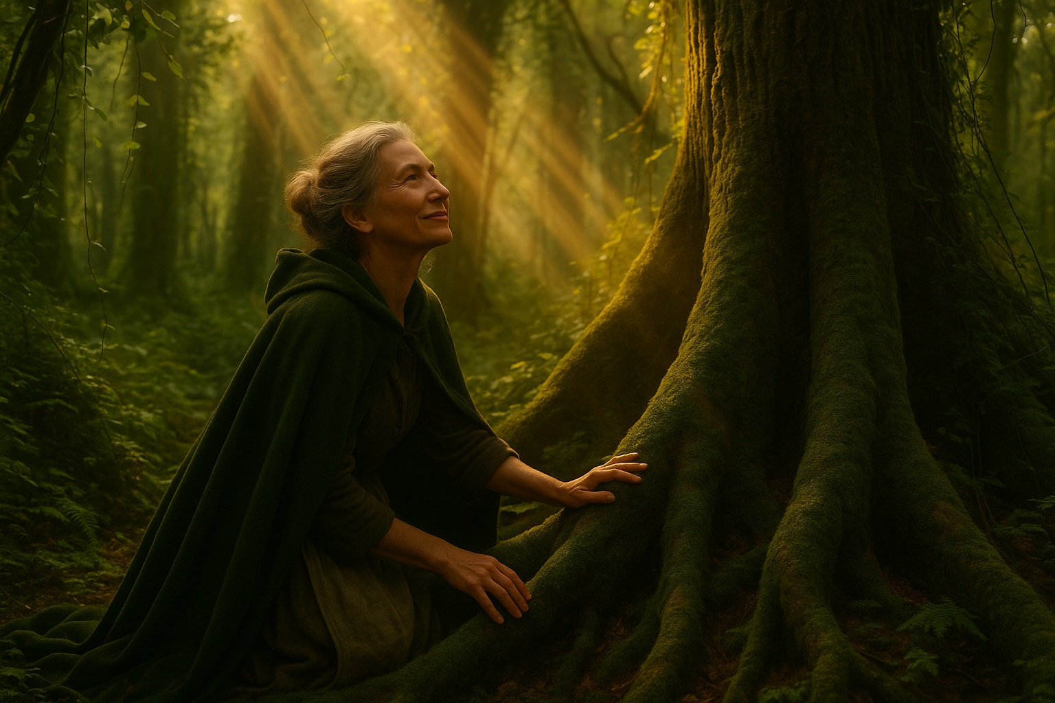 HORIZONTAL CINEMATIC IMAGE: A cinematic, photorealistic, gorgeously shot image set in the heart of an ancient enchanted forest in fairy tale France. The camera captures a serene moment in golden-hour light, where sunbeams pierce through the dense canopy, illuminating swirls of dust and pollen in the hush of the grove. A French woman in her late 40s to early 60s kneels reverently at the foot of a massive, moss-covered oak whose twisted roots stretch outward like veins of the land itself. She has silver-gray hair gathered loosely in a chignon, with a few wisps escaping in the humid forest air. Her expression is one of calm contentment and quiet knowing, the trace of a smile suggesting the dry wit and sly interjections she’s known for.

She wears a dark green woolen cloak—heirloom quality, its folds shadowed and rich—and beneath it, a faded linen dress and well-used apron, all in earthy, natural tones. Her weathered hands rest with deep familiarity on the velvet moss of the tree roots. The air feels sacred, alive with the old magic of France, as if time is suspended around her.

She is not fantasy but folklore incarnate: Élodie Valois, Guardian of the Sacred Grove, a Breton herbalist steeped in ancestral wisdom, half saint, half sorcière. This is the kind of woman village children are told stories about, whose name is spoken with equal parts awe and affection. The cinematic tone is naturalistic, reverent, and luminous—shot on film, with an emphasis on realism, heritage, and atmosphere over embellishment. Every detail, from the filtered light to the texture of her clothing, evokes the rooted power of a woman in communion with her land.