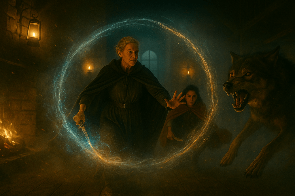 A cinematic, photorealistic horizontal still frame from a French historical fantasy film. The setting is a two-story stone cottage in the deep woods of Occatain — its rustic interior lit by a roaring hearth and a few flickering lanterns. The atmosphere is dense with fog, glowing embers, and suspended dust, evoking both age and enchantment. The air feels alive with ancient energy and breathless tension.
Primary Characters:
Élodie Valois, the elder conjurer, stands centered in the frame, her dark green wool cloak billowing slightly from unseen magical wind. Her silver-streaked hair glows faintly with the reflected hues of her incantation. Her posture is calm but commanding — one hand extended mid-chant, the other clutching a ceremonial dagger whose blade emits ribbons of gold and blue energy.
Her stance embodies discipline and ancestral ritual: both grounded and fluid. She channels power through centuries of whispered Occatain tradition — not as spectacle, but as control.
Red Valois stands slightly behind and to the left, half-crouched, ready to strike. Her red cloak trails dynamically, catching the light of the spell and hearth. Her expression is tense yet resolute; she’s prepared to defend, her dagger glinting near her side.
Red’s positioning visually aligns her as Élodie’s successor — poised within the magic’s protection but ready to break through it if needed.
Magical Action:
Élodie is in the midst of casting the ancient ward of protection, an Occatain elemental spell that manifests as a circular field of rotating light. The barrier is made up of threads of wind, soil, mist, and emberlight, spiraling outward from her chest and hands.
The ward creates visible refraction — bending the air around it like heat shimmer.
Within the circular energy field, faint glyphs and symbols pulse and fade, echoing the language of old magic.
The color palette of the magic glows in blues, golds, and faint greens, matching Élodie’s Occatain lineage and forest connection.
Antagonist Presence:
Beyond the glowing ward stands Fenris, the massive wolf. His body is partially distorted by the barrier’s energy, giving him a phantom-like edge where his form meets the ward.
His fur bristles, and his eyes burn amber, filled with primal fury.
His fangs glint in the firelight, but the ward prevents him from advancing — he’s suspended mid-motion, snarling in frustration as the magic ripples against him.
The magical distortion subtly makes his size feel greater — as though he’s barely contained within the visible world.
Lighting & Mood:
Primary warm light: the hearth casts an amber-orange glow across the stone walls and wooden beams.
Secondary cool light: moonlight filters faintly through a high window, mixing with the golden spelllight for a painterly contrast.
The lighting balance captures the emotional duality — hearth warmth versus arcane power.
The overall tone is holy tension — stillness and fury coexisting within the frame.
Visual Atmosphere:
Subtle fog and dust particles drift in the light, illuminated by the spell’s glow.
The motion blur is minimal but effective: Elodie’s cloak hem, Red’s trailing hood, and faint particle trails from the spell.
Film grain and soft halation create an authentic cinematic texture — evoking 35mm or vintage anamorphic film stock.
Lens flare glances off the barrier’s edge, grounding the magic in physical realism.
Emotional Tone:
This moment feels suspended between faith and ferocity — the matriarch and the heir, confronting myth itself.
The composition symbolizes lineage: Élodie as ancestral wisdom, Red as embodied defiance — both framed against the wolf’s violent, encroaching darkness.