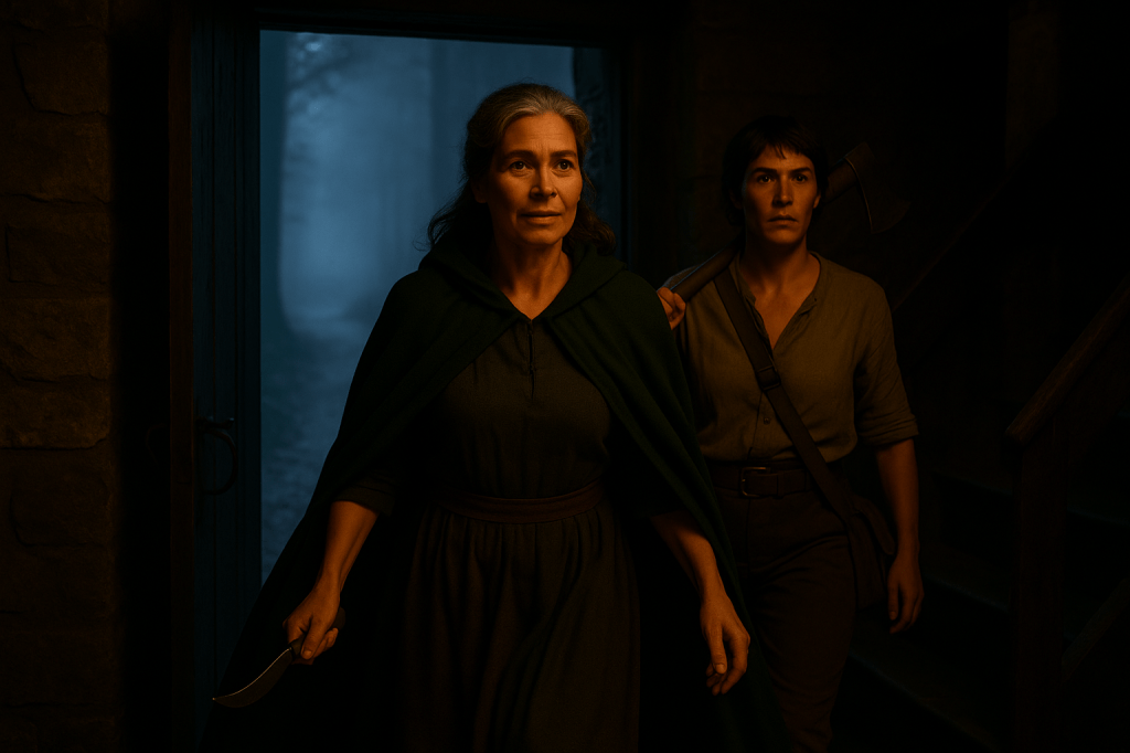 A cinematic, photorealistic horizontal image inside a dimly lit, two-story French stone cottage. The heavy wooden door has just burst open, letting in cold blue twilight from a misty forest outside. Élodie Valois, a French woman in her late 40s with gray-streaked hair pinned back and a dark green cloak, steps forward with quiet intensity, holding a curved knife low but steady. Her expression is calm, resolute, and natural—confident but not exaggerated. Behind her, Sylvie Châtillon, a strong French woman in her 30s with an axe on her shoulder, enters with grounded strength and protective focus. Both women move with purpose, framed by the misty forest light behind them and a faint, warm hearth glow to the side. The mood is still, powerful, and quietly heroic—two women stepping into destiny, not posing for it.
Style & atmosphere details:
Lighting: Chiaroscuro contrast between the cold blue-gray twilight from the open door and the soft golden warmth from a hidden hearth. The light spills naturally across stone walls, aged wood, and the women’s cloaks.
Composition: Horizontal, cinematic framing with a slight low angle to give grounded realism and subtle gravitas. Élodie is mid-step, Sylvie a pace behind, both caught mid-motion.
Texture realism: Fine detail on wool, leather, weathered hands, and the stone walls of the cottage; faint mist creeping inside near the door.
Tone: Gritty, mythic, intimate — evoking the sense of a moment between myth and history.
Color palette: Deep greens, muted browns, cold misty blues, and touches of gold-orange light for visual tension.
Expression and posture: Natural, unposed, with the emotional realism of women who’ve fought for survival, not glory.