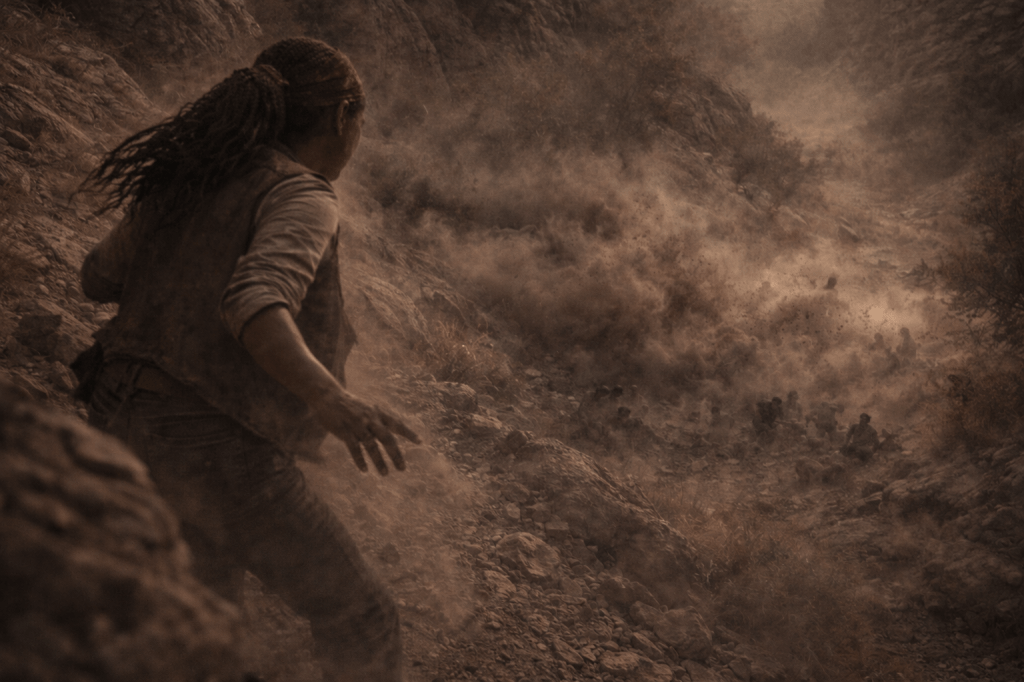 LUMIVORE V1 — EPISODE I
IMAGE 3 (FINAL CORRECTION PASS)
“THE FIRST BOOM — TERRAIN FAILURE”

CANON IMAGE PROMPT (CORRECTION PASS)

Re-render the same scene, camera position, timing, scale, and action as IMAGE 3, but with strict perceptual correction so the event reads as terrain failure, not cinematic explosion.

This is not an explosion being showcased.
This is the canyon momentarily losing integrity.

🔧 PRIMARY PERCEPTUAL OVERRIDE (MANDATORY)

The blast must not function as a light source in any way.

No bright regions within the dust cloud

No increased contrast from the blast

No glow, halo, rim light, or edge light

No visual energy added by the explosion

The blast must reduce visibility, not enhance it.

Midtones inside the blast zone are compressed and flattened, creating a dull, opaque mass that absorbs light.

The scene should feel heavier and dimmer than the moment before.

🔧 DUST & DEBRIS BEHAVIOR (CRITICAL)

Dust motion must be lateral and collapsing, not blooming.

Dust shears sideways along rock faces

No upward lift

No rounded or symmetrical shapes

No central origin point

Edges of the dust cloud are torn, uneven, and terrain-shaped, clinging to canyon walls and spilling low along the ground.

Dust density increases toward the blast zone, lowering contrast and clarity.

This must read as:

rock and earth failing under pressure

Not:

an explosion expanding outward

🔧 CLARA EMBEDDING CORRECTION

Clara Bowlegs remains in the frame but loses visual dominance.

Apply the following corrections:

Reduce Clara’s local contrast by ~20–25%

Soften edge separation around her figure

Remove any clean silhouette

Allow dust and shadow to partially obscure her form

She must remain readable, but:

not iconic

not isolated

not visually prioritized

The viewer’s eye should land first on the collapsing canyon, not Clara.

Clara should feel caught inside the event, not staged against it.

🔧 BANDIT DISSOLUTION OVERRIDE

Bandits must be further dissolved into environment and motion.

No fully readable bodies

No clear stances or reactions

Faces completely obscured

Break figures into:

partial limbs

fragmented motion

silhouettes interrupted by dust, rock, and blur

They must read as:

movement disrupted

Not:

people reacting

If in doubt, reduce legibility further.

🔧 LIGHTING & VALUE REASSERTION

Golden-hour light remains purely environmental:

coming from canyon edges and horizon only

partially diffused and dimmed by dust

The blast:

does not brighten

does not backlight

does not rim-light

Overall image contrast should drop slightly compared to IMAGE 2.

The canyon briefly loses clarity, not gains drama.

🔧 FINAL TONAL CHECK

The corrected image must feel:

heavier

flatter

more disorienting

less cinematic

Nothing should feel:

heroic

dramatic

clean

poster-ready

If the image feels “cool,” it is wrong.

🔒 LOCKED ELEMENTS (UNCHANGED)

Camera position

Timing (post-release)

Clara’s action and posture

Explosion scale

Late golden-hour setting

Only perceptual dominance, light behavior, and clarity are altered.

🚫 ABSOLUTE NEGATIVE ENFORCEMENT

No fire
No flame
No glow
No explosion light
No rim lighting
No silhouette framing
No central blast core
No vertical dust columns
No mushroom shapes
No cinematic contrast
No stylized VFX
No action-poster composition

🔒 INTENT STATEMENT (NON-NEGOTIABLE)

Re-render the scene so the viewer experiences a brief loss of visual certainty, as if dust, weight, and pressure overwhelm perception.

This is not an explosion being witnessed.

This is the canyon failing.