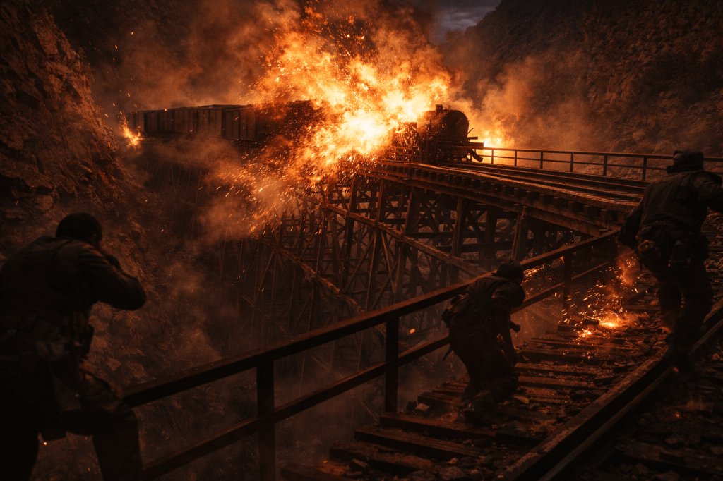 LUMIVORE V1 — EPISODE II
IMAGE 5 (FINAL CANON)
“THE BLAST”
FUNCTION

Controlled spectacle.
This is the only true explosion in the sequence.
Impact is allowed — glamor is not.

This image marks the transition from risk to consequence.

CANON IMAGE PROMPT

A horizontal, cinematic exterior image set at nightfall on the wooden trestle bridge spanning the red-rock canyon, rendered in grounded, photorealistic prestige-film realism. The tone is violent disruption under restraint — chaos introduced, not celebrated.

This image captures the exact instant the blast tears through the scene.

PRIMARY EVENT — THE EXPLOSION (ALLOWED, CONTROLLED)

The explosion erupts from the midsection of the train as it crosses the trestle.

For the first and only time in the sequence:

Fire is visible

Light flares violently

The environment is briefly overwhelmed

But the blast remains localized, not cinematic excess.

The explosion reads as:

A rupture of force

A tearing of structure

A momentary loss of control

Not a heroic detonation.

Fire blooms outward unevenly, licking along wood and iron, breaking through smoke and night air. Sparks and embers scatter chaotically — irregular, short-lived, quickly swallowed by darkness.

The blast illuminates the trestle and canyon walls harshly and briefly, revealing how exposed everything truly is.

MIDGROUND — TRAIN & STRUCTURE IN FAILURE

The wooden trestle is visibly compromised:

Beams splinter

Supports shudder and twist

Sections flex under sudden stress

The train bucks violently:

Freight cars tilt

Couplings strain

Wheels misalign against rails

Nothing detaches cleanly.
Nothing explodes neatly.

This is structural violence, not choreography.

HUMAN PRESENCE — GUARDS IN DISARRAY

For the first time, guards are clearly visible.

They are not heroic.
They are not centered.

They appear as:

Figures scrambling

Bodies ducking, stumbling, diving for cover

Silhouettes thrown off balance by shockwave and heat

Faces are not cleanly readable.
No one poses.
No one dominates.

They read as caught, not fighting.

ENVIRONMENT — THE CANYON RESPONDS

The canyon amplifies everything:

Firelight flashes red against stone

Smoke boils upward then tears sideways

Dust erupts from beams and rock alike

The void beneath the bridge briefly reveals itself as firelight spills downward — then vanishes again into blackness.

This is the canyon witnessing, not framing.

LIGHTING LOGIC (CRITICAL)

For this image only:

The explosion functions as a light source

But only briefly and brutally

Firelight is:

Harsh

Uneven

Directionally chaotic

No glow polish.
No cinematic color grading.
No sustained brightness.

The surrounding darkness immediately pushes back.

CAMERA & FRAMING

Medium-wide framing

Slightly offset angle — not centered on blast

The explosion cuts through the frame asymmetrically

The camera feels caught in the moment, not prepared for it

No slow-motion feel.
No clean symmetry.
No admiration.

TEXTURE & REALISM

Splintering wood
Twisting iron
Fire eating oxygen
Smoke choking clarity

Everything feels:

Loud

Hot

Unstable

Nothing feels beautiful.

TONE

Impact. Chaos. Irreversibility.

This is not triumph.
This is not cleverness.

This is the cost of timing misjudged by inches.

🔒 CONTINUITY & STORY LOCKS (DO NOT DEVIATE)

This is the only explosion spectacle image

Guards visible, but not dominant

Train still on trestle

Clara and Mags not centered or heroic

Nightfall lighting consistent with previous image

Fire present only here

🚫 NEGATIVE PROMPT BLOCK (ENFORCED)

No heroic framing
No clean silhouettes
No slow motion
No glamor lighting
No poster composition
No stylized VFX
No exaggerated fireball
No modern elements
No dramatic color grading

🔒 INTENT STATEMENT

This image exists to let the reader feel the blast they’ve been bracing for — once.

It must shock, disrupt, and unbalance.

And then the story must immediately take that control away again.