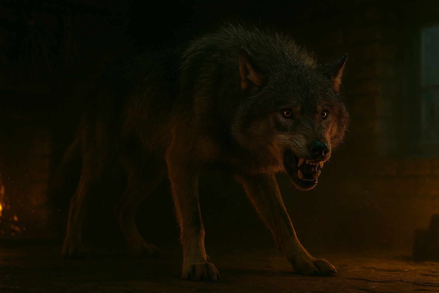 HORIZONTAL CINEMATIC IMAGE: A photorealistic, gorgeously shot, high-tension image of Fenris, the massive gray wolf, standing at the edge of a shadowed stone cottage interior. He snarls as he backs toward the darker corners of the room, amber eyes wide and darting. His fur bristles with sweat and tension, and his muzzle curls in a mixture of rage and desperation. The firelight from the hearth glints off his damp coat, casting shifting shadows across the floor. His posture is no longer graceful—his movements have become erratic, uneven, as he realizes he is surrounded. Behind him, the corner of the cottage looms, cloaked in deep shadow and dust. Flecks of ash and faint embers drift in the charged air, caught in the golden glow. The image should feel cinematic and immersive—frozen in a moment of primal fear and unraveling control.