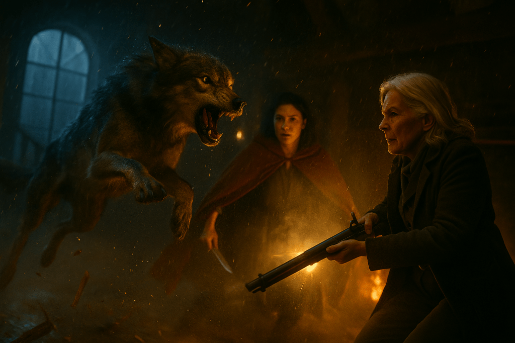 A cinematic, photorealistic horizontal film still from a dark French Gothic fairy tale set inside a storm-lit, two-story stone cottage. The scene captures the exact instant of violent confrontation between Fenris, a massive gray wolf, and the two women who stand against him — Madeleine Valois and Red Valois.
Fenris lunges from the left side of the frame toward the women, his enormous form a blur of fur and fury. His claws rake forward, hind legs pushing off the shattered wooden floor, sending embers, dust, and debris flying into the air. His eyes glow an unnatural amber, and his open jaws reveal glistening teeth mid-snarl, frozen in the split second before contact. His fur is slick with dew and stormlight, subtly reflecting the orange from the nearby hearth and the pale blue-gray moonlight filtering through a high arched window.
In the foreground, Madeleine Valois, an older French woman with silver hair pulled back and fire in her eyes, braces her body as she fires her antique flintlock rifle. The muzzle flash illuminates her stern, battle-hardened face in an amber glow, while a faint reflection of the flash dances across her coat. Smoke curls upward from the rifle, mingling with the foggy air.
Beside her, Red Valois, a young French woman in a red cloak that flares dramatically behind her, stands poised and defiant. Her expression is fierce, dagger raised defensively as a glint of reflected light flashes along the blade — mirroring Fenris’s glowing eyes. Her stance conveys both tension and control, as if she’s ready to strike the moment Fenris breaks through.
The lighting is a masterful blend of warm and cool tones — the firelight from the hearth casting orange and gold hues across the lower frame, while cold moonlight from the window highlights the upper parts of the room and Fenris’s back. The depth of field is shallow and cinematic, focusing tightly on the three figures while the background (wooden beams, storm-lit window, falling dust) fades into a soft, dreamlike blur.
Subtle motion blur trails along Fenris’s fur and limbs, giving the sense of raw speed and imminent impact. The atmosphere is alive with fog, embers, and smoke, suggesting both the mystical and the primal.
This moment feels like a frame lifted directly from a French historical fantasy film — one of mythic realism, raw emotion, and feminine defiance at its core.