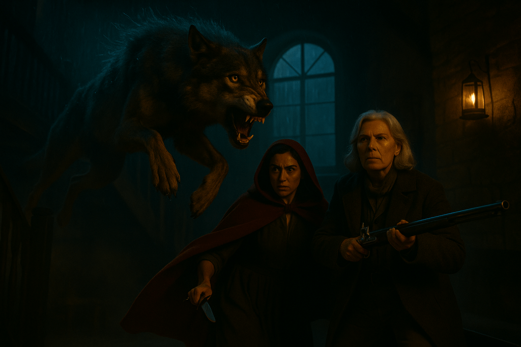 A photorealistic, horizontal cinematic image set inside a storm-lit, two-story French stone mansion at night. A colossal gray wolf, Fenris, is captured mid-leap—its soaked fur bristling, amber eyes glowing with fury and intelligence, body twisting between beast and something almost human, hind legs lifting in an unnatural, half-bipedal motion. Below him, two French women stand defiant: Red Valois in a drenched red hooded cloak, gripping a dagger, and her silver-haired grandmother Madeleine in a heavy wool coat, raising an antique flintlock rifle, her eyes fixed with cold determination. Lightning flashes through tall arched windows, blue light slicing across rain-mist and smoke, while warm firelight from the hearth flickers against wet stone walls and wood beams. Their faces are illuminated in a chiaroscuro mix of stormlight and ember glow. Fine motion blur trails Fenris’s leap and the swirl of cloaks; the air glimmers with suspended droplets, sparks, and fog. Textures of cloth, fur, and metal are tactile and true to life. The moment feels like the frozen heartbeat before impact—cinematic, mythic, and unmistakably French Gothic, blending realism, magical tension, and ancestral fury.