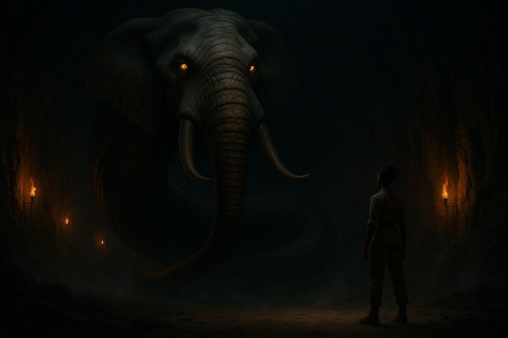A cinematic shot of the Grootslang, a legendary creature from African folklore, inside a vast, ancient underground cavern. The Grootslang has the massive, wrinkled head of an elephant, with large curved tusks and glowing golden eyes that radiate an ominous intelligence. Its long, powerful trunk extends downward, seamlessly blending into a fully serpentine body covered in dark, glistening scales. The trunk is anatomically correct, proportionate, and naturally integrated into the transition from head to serpent body. The cavern is lit by flickering fire torches along the jagged rock walls, casting eerie shadows. Mist lingers on the cavern floor, adding depth and mystery. A lone African woman stands in the foreground, dwarfed by the monstrous being, enhancing the sense of scale and dread. She is dressed in boots, a brown shirt with the sleeves rolled up, and hiking pants. The atmosphere is foreboding, as if the Grootslang is about to speak, strike, or make a sinister bargain.