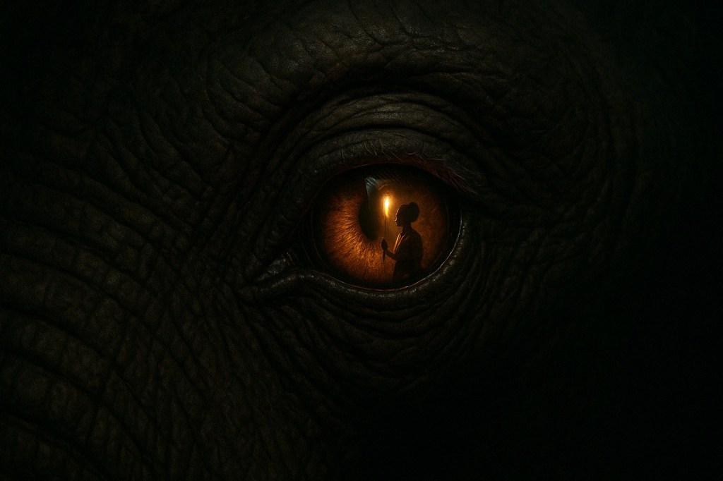 This intense digital painting zooms in on the eye of an elephant-like creature, surrounded by dark, rugged skin marked with deep wrinkles and textured folds. A glowing, fiery orange iris and a human figure holding a torch create striking contrast against the creature’s dark, weathered skin, illuminated only by soft, moody light that accentuates every intricate detail.