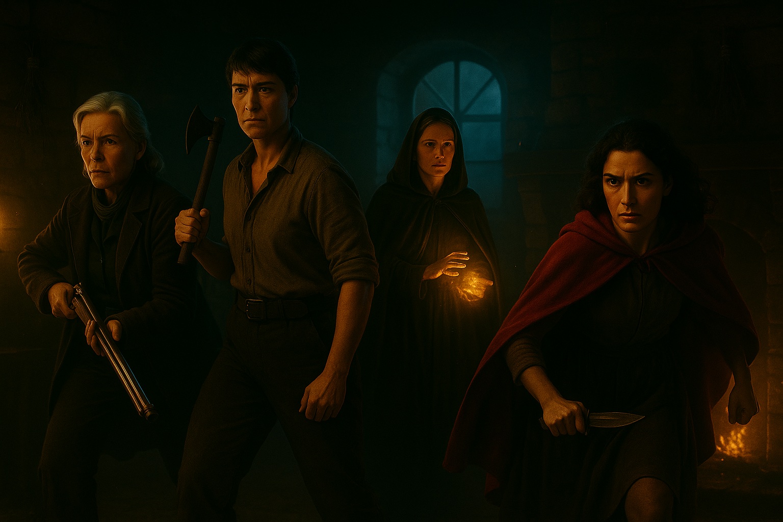 HORIZONTAL CINEMATIC IMAGE: A cinematic, photorealistic moment inside a dimly lit, two-story stone cottage just before an epic battle. The atmosphere is thick with smoke, dust, and anticipation. At the center stands Grandmother Madeleine, silver hair pulled back, long coat hanging open, her antique rifle leveled and gleaming in the lanternlight. Her eyes are cold steel, jaw set, mouth open mid-command—she is the unbreakable matriarch, rallying her family for war.
To her left stands Sylvie, axe gripped tightly, body coiled and ready to launch. To her right, Élodie, her hands already crackling faintly with golden magical light, eyes fierce and focused. Slightly behind, Red Valois, her red cloak catching the hearthlight, stands tall and defiant, dagger ready, lips parted as if catching her grandmother’s final words.
From above, the low ceiling groans under the weight of something moving—Fenris’s growls echo from the second floor, deep and monstrous, rattling dust from the rafters. The house feels like it’s holding its breath before shattering apart. The golden firelight mixes with cold blue moonlight spilling through a tall window, illuminating the worn wood floors, stone walls, and shadows crawling like tension.
This is not a still scene—it’s a frozen moment of impending war. The family is unified, fierce, and resolute. Madeleine's voice practically echoes from the frame as she declares war on the wolf.