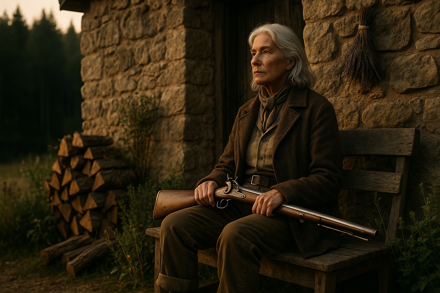 A photorealistic, cinematic, gorgeously shot image of a silver-haired French woman in her late 60s sitting on a timeworn wooden bench just outside a weathered stone cottage in rural France. Her expression is intense, watchful, and commanding—her eyes fixed on the distant forest horizon with a gaze that could silence storms. She wears practical wool trousers and a heavy, earth-toned wool coat layered over a faded blouse. A tucked woolen scarf sits neatly at her collar. Her sturdy leather boots are well-worn, dusted with dried soil. Resting across her lap is an antique flintlock rifle, lovingly polished and held with reverence, not aggression.

The cottage behind her is simple and stone-built, showing age and use. Around it, the ground is dotted with chopped wood, hanging bundles of drying lavender, and scattered wild herbs—everything arranged with the care of someone who knows the land intimately. The light is golden and low, hinting at early evening, casting long shadows and a warm, natural glow across the scene. There is no magic sparkle, no fantasy fog—just a deep, cinematic realism rooted in the folklore of the French countryside. This is not a witch or a mystic. This is a woman who has survived, protected, and endured.

Shot on film. High resolution. Photorealistic. Cinematic lighting. Rural French realism. Grounded, earthy color palette. Horizontal frame.