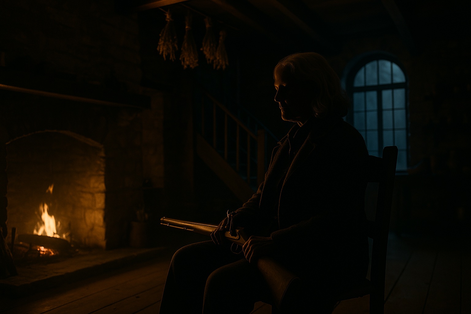 HORIZONTAL CINEMATIC IMAGE: Inside a dimly lit, two-story stone fairy tale mansion-cottage, an elderly French woman sits alone in near-silence. The camera frames her in profile from across the hearth-lit room. She is seated in a sturdy wooden chair, her posture perfectly still, back straight. Her face is mostly hidden in shadow, but her silver hair catches the firelight, and her weathered hands are clearly visible, gripping an antique French flintlock rifle across her lap. The rifle’s long wooden stock and exposed mechanism gleam subtly in the warm, flickering light.
To her left, a stone fireplace crackles, casting golden light across the wooden floor and textured stone walls. To her right, a tall arched window lets in a soft, pale blue twilight glow, filtering in from the misty forest outside. The cool light contrasts the firelight, creating a natural tension in the room.
Above, bundles of dried herbs hang from the rafters, swaying slightly in the still air. The wooden staircase in the background curls up into shadow, hinting at the second floor of the home. The space is rich with the textures of old wood, stone, and timeworn objects—this is a house of generations, fiercely kept and quietly defended.
There is no visible threat, no motion—just Madeleine’s steady hands, the weight of her presence, and the rifle across her lap. Her silence speaks of decades of protection, endurance, and warning. She is the guardian of this place, and the stillness itself feels like part of her will.