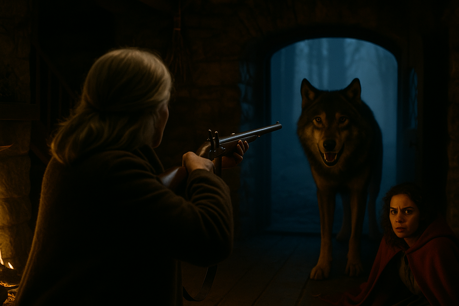 A cinematic, photorealistic horizontal image (16:9), showing a tense, mythic standoff inside a rustic two-story French stone cottage. The camera captures an over-the-shoulder view of Madeleine Valois, a silver-haired French woman in her late 60s, standing firmly with her antique flintlock rifle raised and aimed directly at Fenris, a massive gray wolf framed in the open doorway ahead.
The foreground shows Madeleine’s back, coat, and rifle barrel gleaming faintly in warm firelight. Her stance is solid and deliberate, every line of her body conveying decades of endurance and readiness. Her silver hair catches the light, and the wooden texture of the rifle shows clear, tactile realism.
To the left foreground, Red Valois, a young French woman in a weathered red cloak, crouches in tense focus. Her cloak flows around her like captured motion, the edges catching the amber light from a nearby hearth. Her eyes are wide, caught between fear and admiration as she watches her grandmother take aim.
Fenris, a towering gray wolf with glistening amber eyes, stands low and snarling in the open doorway. His fur shimmers with both cold blue moonlight and the faint orange flicker of interior firelight. Mist from the forest behind him seeps inward through the door, diffusing the cold, spectral glow of the outside world.
The setting feels grounded and cinematic — weathered stone walls, a rough wooden floor, exposed beams, and bundles of herbs hanging from the rafters. A staircase recedes into shadow at the edge of the frame. The lighting contrasts warm hearthlight with icy blue moonlight, creating chiaroscuro depth and emotional intensity.
Atmosphere: Dust and smoke hang suspended in the air. The mood is quiet yet electrified — a single breath before violence. The visual tension forms a perfect triangle between Madeleine, Red, and Fenris, embodying generations of defiance and mythic confrontation.
