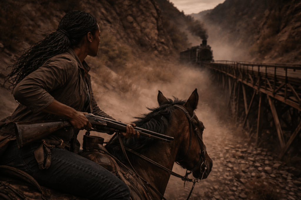 LUMIVORE V1 — EPISODE II
IMAGE 3 (FINAL CANON)
“MAGS COUNTS”
FUNCTION

Control versus chaos.
This image restores deliberation after Clara’s commitment and before catastrophe.

CANON IMAGE PROMPT

A horizontal, cinematic exterior image set at dusk in the same red-rock canyon, rendered in grounded, photorealistic prestige-film realism. The tone is measured urgency — motion governed by calculation rather than adrenaline.

This image captures the moment where Mags stops reacting and starts deciding.

PRIMARY COMPOSITION — MEASURED PURSUIT

Maggie “Mags” Bowlegs rides hard through the canyon, following the train’s path — but not chasing it blindly.

Her horse is in full motion, muscles engaged, hooves striking uneven ground, but her posture remains upright, controlled, and economical. She rides like someone conserving attention, not burning it.

The train is visible ahead only in fragments:

a trailing freight car edge

a smear of smoke pulling backward

rails vanishing toward the trestle

It is present — but partially occluded by canyon curvature and dust.

FOREGROUND — MAGS IN CONTROL

Mags is an Afro-Indigenous woman in her early 30s of Black Seminole / Afro-Comanche ancestry.

Her tightly braided hair is pulled back cleanly, unmoving despite speed. Her expression is focused and severe — jaw set, eyes narrowed, mind already ahead of the moment.

Her rifle, Betty, is clearly visible:

cradled low across her body or resting against her thigh

not raised

not aimed

It reads as preparedness, not aggression.

Her hands are steady on the reins.
Her shoulders are squared.
She is not yelling.
She is counting.

Speed. Distance. Wind. Timing.

MIDGROUND — THE TRESTLE AHEAD

Ahead of Mags, the wooden trestle bridge emerges from shadow.

It looms as structure and threat:

narrow

skeletal

stretched over open air

Its geometry is fragile and unforgiving, immediately readable as something that will not tolerate error.

The bridge is not centered.
It intrudes into the frame at an angle, forcing the eye forward.

BACKGROUND — CONSTRAINED SCALE

Canyon walls tighten around the path, compressing space and amplifying inevitability.

Dust hangs low and directional, pulled forward by the train’s passage.

The environment is in motion — but it is disciplined motion.

LIGHTING & ATMOSPHERE

Dusk light continues to cool

Warm highlights cling to stone edges and Mags’ cheekbones

Shadows deepen beneath the horse and trestle

Smoke and dust absorb light rather than glow

No spectacle lighting.
No dramatic contrast spikes.

The scene feels weighted, not loud.

CAMERA & FRAMING

Medium-wide shot

Eye-level relative to Mags’ seated height

Slight forward bias in composition

Stable horizon — no tilt

The camera feels deliberate and observant, matching Mags’ mindset.

TEXTURE & REALISM

Taut reins

Worn leather

Horse sweat and strain

Rough timber

Dust scuffed but controlled

Nothing flails.
Nothing rushes.

TONE

Calculation. Restraint. Responsibility.

This is the moment where someone notices the margin is shrinking.

🔒 CONTINUITY & STORY LOCKS (DO NOT DEVIATE)

Clara not visible

No explosions

Train partially occluded only

Rifle visible but not raised

Trestle clearly readable

Dusk lighting only

🚫 NEGATIVE PROMPT BLOCK (ENFORCED)

No heroic riding pose
No firing weapon
No sparks
No fire
No stylized motion blur
No modern elements
No dramatic color grading
No poster-style composition