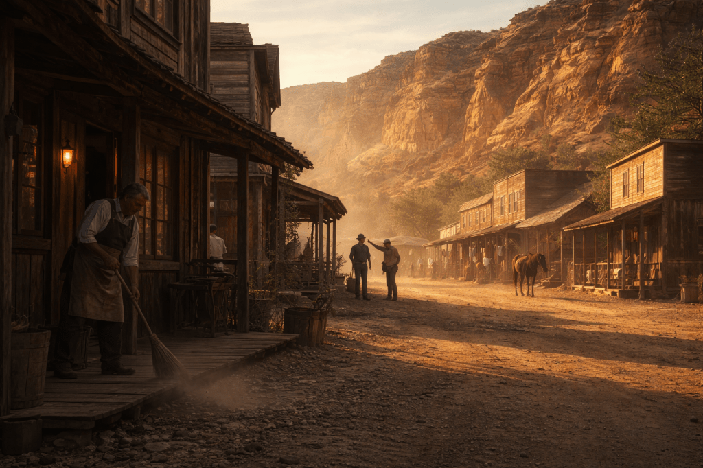LUMIVORE V1 — EPISODE IV
IMAGE A (FINAL CANON)
“MORNING IN TOWN”
FUNCTION

Decompression and tonal reset.
This image releases the story from violence and returns it to human scale without declaring victory.

This is after danger, not aftermath celebration.

CANON IMAGE PROMPT

A horizontal, cinematic exterior image set in a small frontier town at early morning, rendered in grounded, photorealistic prestige-film realism. The tone is cautious renewal — not relief, not triumph, but the steady return of ordinary life.

This image captures a town waking up after surviving something it does not yet have words for.

PRIMARY COMPOSITION — LIFE RESUMING

The town occupies the frame as a living system, not a backdrop.

Visible elements include:

A saloon keeper sweeping dust from a wooden porch

A rancher tipping his hat to a neighbor in passing

A shopfront opening for the day

Doors creaking, windows catching light

Movements are small, habitual, unperformed.

No one rushes.
No one celebrates.
People are continuing.

ENVIRONMENT — GOLD-WARMED STILLNESS

Behind the town, red-rock cliffs rise and catch the morning sun.

Stone glows warm gold and rust

Shadows retreat slowly, not dramatically

The light feels forgiving rather than dramatic

Dust hangs lightly in the air, disturbed only by brooms and footsteps.

The land feels unchanged — ancient, indifferent — but temporarily kind.

PERIPHERAL PRESENCE — THE SISTERS (OPTIONAL, NON-DOMINANT)

If Clara and Mags are present at all, they must be peripheral and unclaimed:

Mounted figures at the edge of town

Or partially occluded near a hitching post

Or simply implied by horses without focus

They must not anchor the composition.
They must not read as subjects.

This image belongs to the town.

LIGHTING LOGIC

Early morning light only

Warm highlights on stone and wood

Cool residual shadow in alleys and doorways

No artificial light sources

No glow, no emphasis

The clarity comes from time of day, not drama.

CAMERA & FRAMING

Wide establishing shot

Eye-level, observational

Stable horizon

Slight asymmetry — nothing composed for spectacle

The camera feels like it has arrived early and waited.

TEXTURE & REALISM

Swept dust

Worn wood grain

Sun-warmed stone

Cloth moving gently in air

Nothing polished.
Nothing symbolic.
Nothing heroic.

TONE

Quiet. Careful. Temporarily whole.

This is not peace declared.
This is peace being tested by daylight.

🔒 CONTINUITY & STORY LOCKS (DO NOT DEVIATE)

No violence

No guards

No gold emphasis

No hero framing

Sisters not centered

Morning light only

🚫 NEGATIVE PROMPT BLOCK (ENFORCED)

No triumphant mood

No dramatic lighting

No cinematic glow

No poster composition

No crowd gathering

No modern elements

FINAL INTENT STATEMENT

This image exists to let the reader’s shoulders drop — not because everything is fixed, but because nothing is actively breaking.

The town is not celebrating survival.
It is practicing normal again.