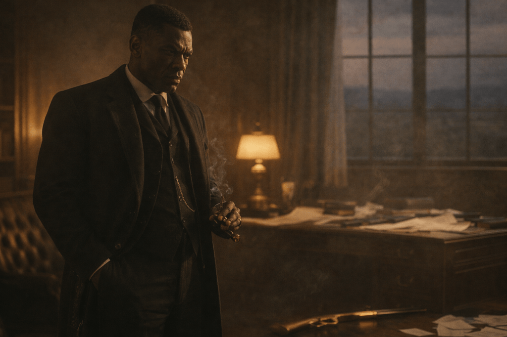 🔒 LUMIVORE-LOCKED IMAGE PROMPT
EPISODE III — “Mortimer’s Fallout”

(Interior Collapse / Power Without Control)

FUNCTION (LOCKED)

Depict the precise moment Magnus Mortimer realizes his empire has collapsed.

Convey loss of control without humiliation.

Present power stalled, not destroyed.

Reinforce that Mortimer stands apart from the land, even indoors.

This is not rage, not violence, not action — it is reckoning beginning.

COMPOSITION (LOCKED)

Aspect ratio: Horizontal (16:9)

Framing: Medium-wide interior portrait, waist-up to mid-thigh

Camera height: Slightly below eye level, restrained, observational

Subject placement: Off-center, weighted toward one side of the frame

Negative space dominates the image

SUBJECT (LOCKED)

Magnus Mortimer, Afro-Latino industrial baron, early 40s

Deep warm-brown complexion, angular cheekbones, sharp jawline

Short, tightly textured hair (clean fade or close-cropped)

Expression: cold, controlled, internally calculating

No overt anger, no theatrics — tension held behind the eyes

Posture rigid, shoulders set, body still

WARDROBE & DETAIL (LOCKED)

Tailored dark waistcoat

Deep charcoal or oxblood longcoat

Subtle Indigenous-style embroidery visible only inside the coat lining

Polished boots (not emphasized)

Gold signet ring with “M” cattle brand

Brass pocket watch chain visible at the vest

PROPS & SYMBOLS (LOCKED)

Gold-plated lever-action rifle lies on the floor, slightly out of focus

Desk nearby with papers scattered from a recent outburst

Cigar in Mortimer’s hand burned down too far, ash about to fall

No active motion — aftermath only

ENVIRONMENT (LOCKED)

Opulent Western study / office interior

Heavy wood desk, leather chair, brass accents

Tall window behind or beside Mortimer

Outside landscape barely visible, unreadable, distant

Air thick with lingering cigar smoke

LIGHTING (LOCKED)

Time: Late dusk

Warm interior lamplight contrasts with cool blue exterior light

Soft backlight catches:

Edge of Mortimer’s coat

Cigar smoke

Brass and gold surfaces

Natural shadows, no spotlighting, no stylization

LENS & TEXTURE (LOCKED)

Cinematic realism, 35mm or 50mm lens

A24-style Western texture

Gritty but clean

Natural skin texture preserved

Sharp fabric and metal detail

No diffusion, no AI softness, no painterly effects

MOOD (LOCKED)

Ominous

Controlled

Dangerous calm

The silence after certainty collapses

NEGATIVE PROMPT (LOCKED)

No action poses

No shouting, rage, or exaggerated expressions

No stylization or fantasy lighting

No cinematic flares or artificial glow

No heroic framing

No dust storms or exterior chaos

No caricature or villain exaggeration

No AI smoothing, plastic skin, or soft focus

FINAL LOCK STATEMENT

This image represents the moment power realizes it has lost the narrative.
Nothing is resolved.
Nothing is forgiven.
The fall has begun.