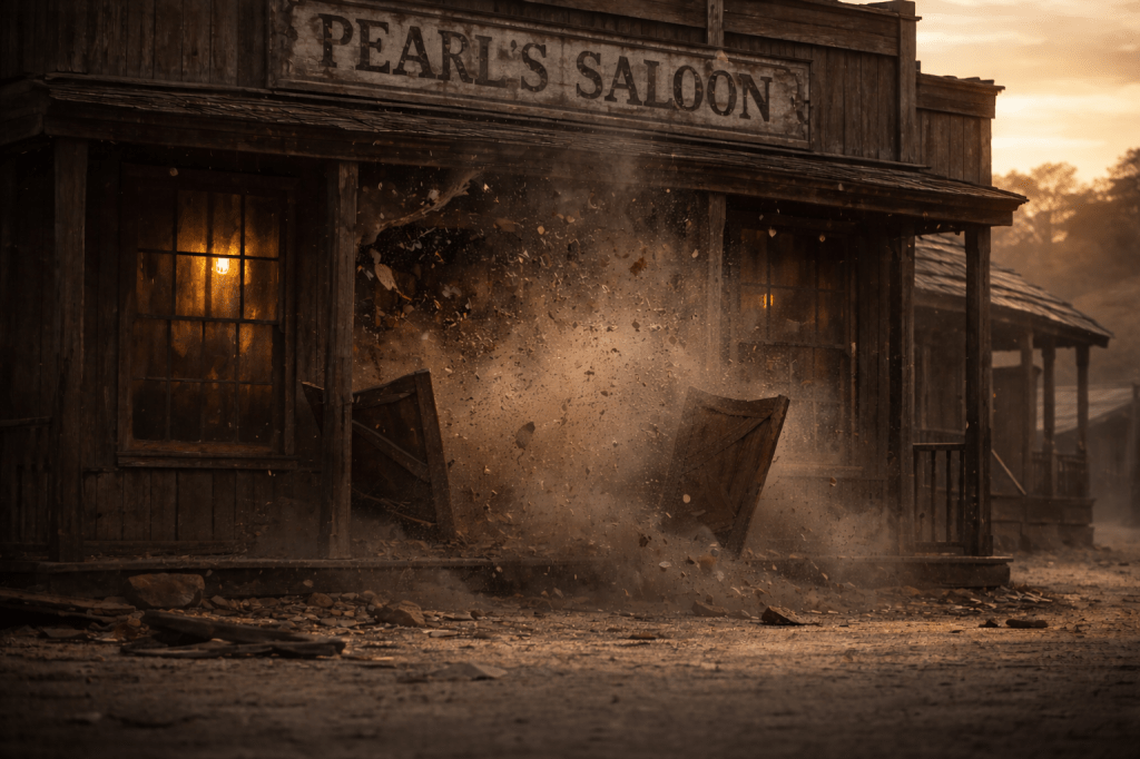 LUMIVORE V1 — EPISODE II
IMAGE 1 (FINAL CANON)
“THE INCIDENT — AFTERMATH”

CANON IMAGE PROMPT

A wide, cinematic exterior image set at sunset on a dusty Western main street. The tone blends grounded realism with quiet, physical absurdity — dramatic in consequence, restrained in presentation, and never stylized or heroic.

Pearl’s Saloon dominates the frame: a weathered wooden frontier saloon with swinging doors, faded signage, and tall street-facing windows. One of the front windows has been violently blown out.

The image captures the moment one beat after a massive explosion, now fully past.

There are no people visible anywhere in the frame.

Glass shards, splintered wood, and dust hang in the air and fall downward under gravity, raining into the street. Debris tumbles and rotates naturally, already losing energy.

The saloon doors hang open mid-swing, slightly uneven and askew, as if reacting late — embarrassed, stunned, and unsure what to do next.

The interior of the saloon is now mostly dark. Any remaining light is dim, uneven, and partially swallowed by smoke. There is no fireball, no visible blast source, and no sense of continuing eruption. Smoke dominates light rather than emitting it.

The air outside the window is thick with settling dust, smoke, and wood particles. The debris cloud reads as aftermath, not expansion.

The street is momentarily empty and unnaturally still.

Cause is implied. Responsibility is withheld.

Lighting is naturalistic and cinematic:

Warm golden sunset light backlights dust and falling debris

Long shadows stretch across the dirt street

Smoke curls outward and downward, catching light softly

Camera framing:

Wide shot, eye-level

Slightly off-center composition to emphasize imbalance and absence

No spectacle framing, no heroic emphasis

Textures are tactile and real: rough wood grain, dirty glass, airborne dust, worn timber. Nothing is polished. Nothing is glamorous.

Tone:
Aftermath. Silence. Absurd restraint.
The town exhales — and pretends this is fine.

🔒 CONTINUITY & COMEDY LOCKS (DO NOT DEVIATE)

No people visible

Explosion aftermath only — blast fully over

Interior mostly dark, light leaking unevenly through smoke

Debris falling downward, not erupting outward

Sunset lighting only

Single saloon, single street

Cause withheld completely

🚫 NEGATIVE PROMPT BLOCK (ENFORCED)

No people
No silhouettes
No visible bodies
No fireball
No blast wave
No circular explosion shapes
No modern elements
No dramatic color grading
No lens flares
No stylized VFX