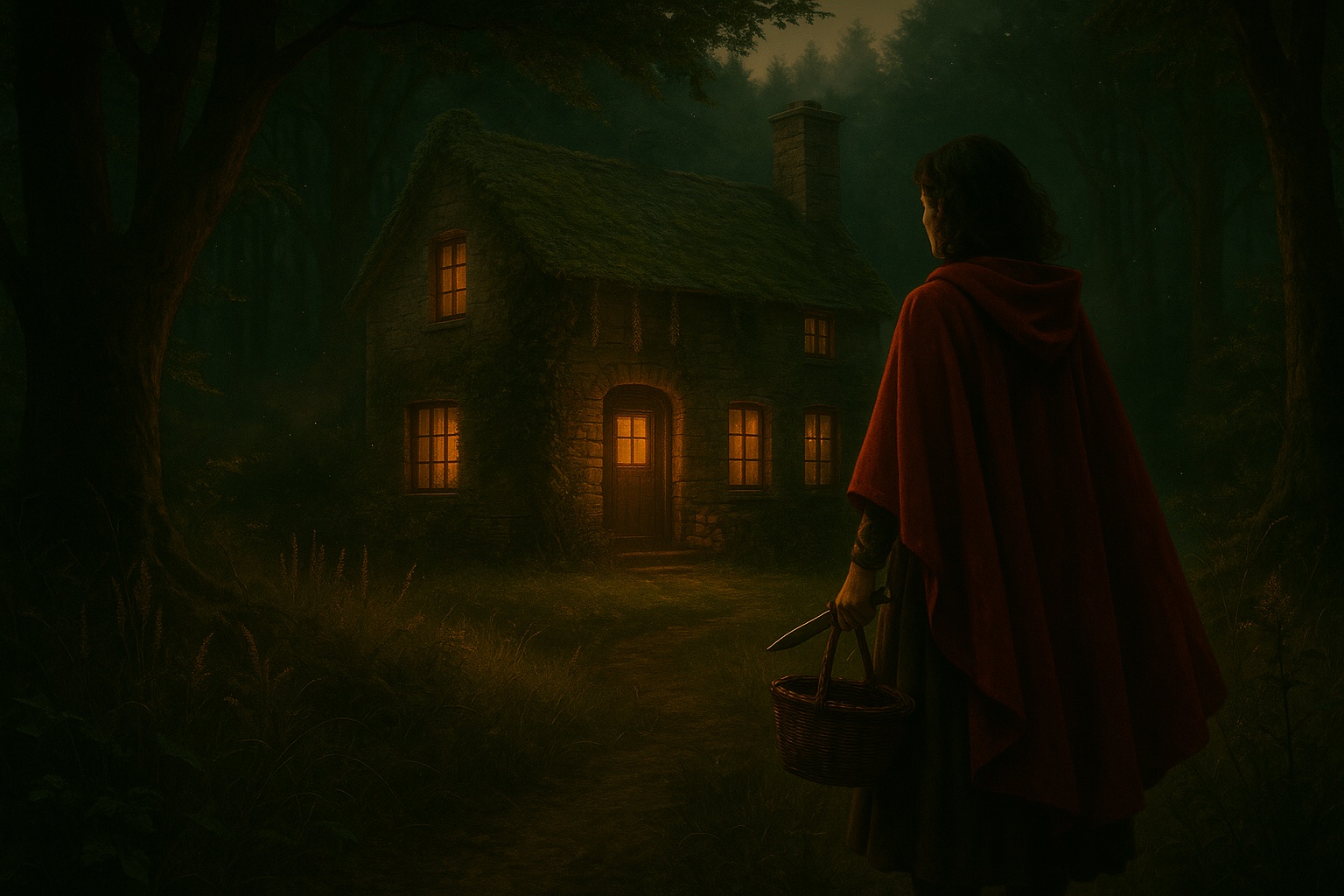 HORIZONTAL CINEMATIC IMAGE:
A cinematic, photorealistic moment capturing Red’s arrival at the edge of her grandmother’s forest clearing at twilight. The atmosphere is hushed, thick with tension despite the outward peace of the scene. The ancient forest parts slightly to reveal Grandmother Madeleine’s two-story stone fairy tale cottage—a majestic, timeworn structure with ivy climbing its walls, a moss-covered roof, and tall, arched windows glowing faintly with hearthlight.
The cottage sits nestled at the edge of the woods like a secret waiting to be told. Dried herbs dangle from the eaves, wood is stacked neatly by the door, and smoke curls gently from the chimney, curling into the cool evening air. Wildflowers and untamed grasses surround the clearing in soft earth tones, blending civilization and wilderness.
In the foreground, Red stands just at the tree line, half-shadowed beneath the canopy. Her red cloak flows gently in the forest breeze, its color striking against the green and stone. She holds a wicker basket in one hand and a dagger strapped at her side—the dual image of domestic tradition and readiness for battle. Her eyes are locked on the house, her expression tense and watchful, as if she senses what’s coming even if she can’t yet see it.
The lighting is chiaroscuro: the golden glow of the cottage windows contrasts sharply with the deepening forest shadows behind Red. Dust motes float in the air, and a faint breeze stirs the tall grass, giving the stillness an eerie anticipation. Though everything looks calm, the moment is loaded—like a held breath before a storm.
This is not a peaceful homecoming. It’s the calm before a reckoning.