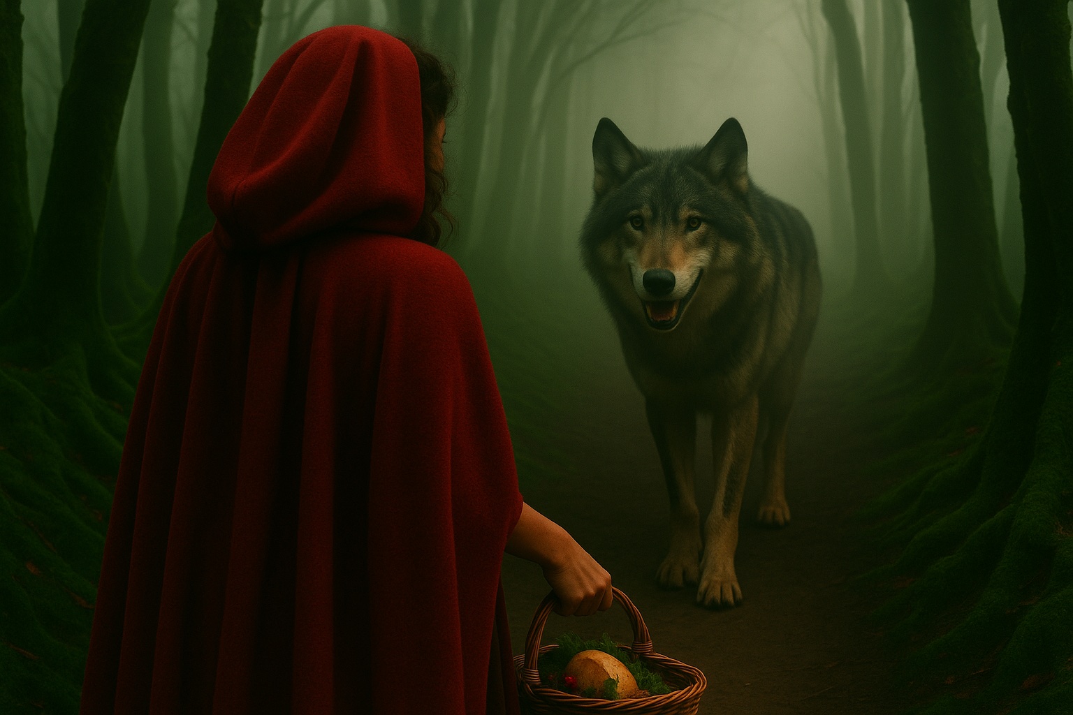 HORIZONTAL CINEMATIC IMAGE: A photorealistic, cinematic, gorgeously shot image set in a deep, ancient French forest shrouded in mist. A young French woman in her mid-20s stands in profile, facing a large gray wolf who steps forward from the fog. The woman has tousled chestnut curls partially hidden by the deep hood of her red wool cloak. Her stance is steady, grounded, and unreadable, with one hand resting at her side, gripping a woven basket. The basket is modestly filled with herbs, small fruits, and a round loaf of bread. The wolf, massive and natural, with a thick coat and piercing amber eyes, stares directly at her—no fangs bared, no snarl—just quiet power and ancient awareness. The forest is silent, every moss-covered tree stretching up into the mist, framing the two figures like witnesses. The atmosphere is tense, reverent, and cinematic, as if this moment exists outside of time. The composition is tight—closer than an establishing shot but still allowing room to breathe—emphasizing the emotional stillness between predator and woman.
