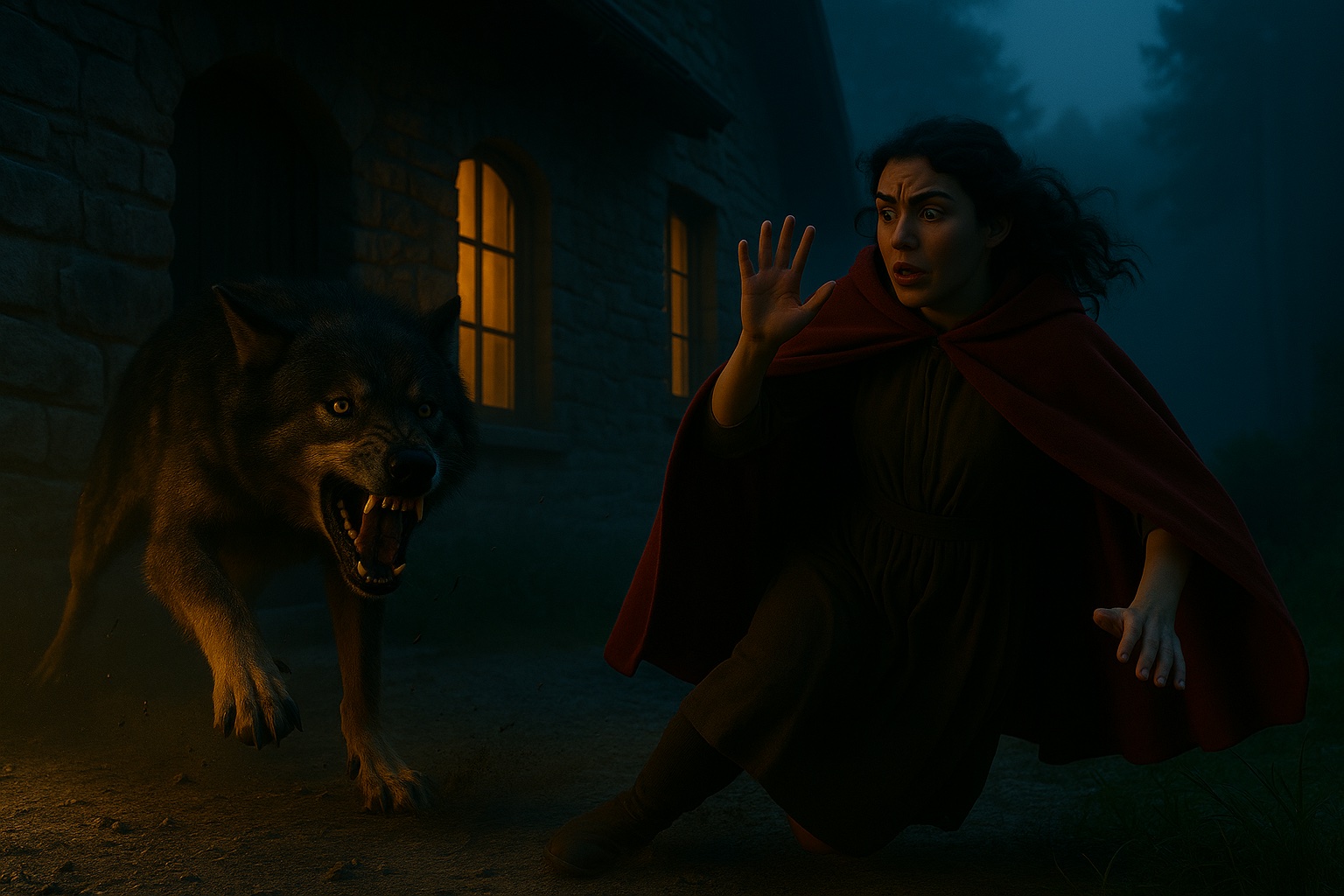HORIZONTAL CINEMATIC IMAGE: A cinematic, photorealistic, gorgeously shot twilight scene unfolds outside a grand, two-story stone fairy tale cottage nestled in a deep forest. The moment captures a sudden, terrifying ambush. In the immediate foreground, a young woman—Red Valois—stands frozen mid-motion, having just stumbled backward in shock. Her red cloak is caught in the air, partially slipped from her head, revealing wild, dark curls in motion. Her eyes are wide with alarm, her hand raised in instinctive defense.
From the left edge of the frame, an enormous dark-furred wolf—Fenris—lunges into the scene from the shadows, claws skimming the dirt, mouth open mid-snarl. His gleaming teeth and cold, intelligent amber eyes convey both ferocity and twisted amusement, as if he's toying with his prey. Debris flies—pebbles, twigs, a puff of mist—as the ambush disrupts the stillness.
Behind them, the stone cottage stands solemn and silent, tall arched windows glowing faintly with warm orange firelight. The surrounding trees and creeping mist are cast in eerie blue twilight, framing the explosive motion in contrasting light. The composition is dramatic and tense, with a low-angle perspective emphasizing the size difference between Fenris and Red. The scene is frozen at the split-second of impact: danger imminent, the forest breathless, and the outcome uncertain.