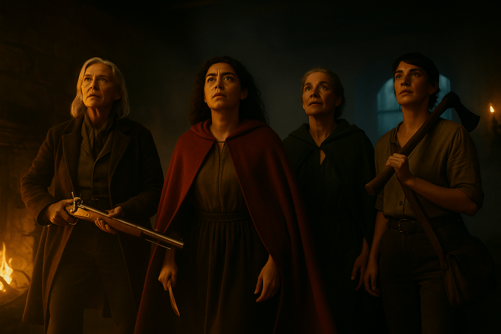 A cinematic, photorealistic horizontal image set inside a rustic, two-story French stone cottage at night. The camera captures four women in dynamic mid-motion — they have just chased Fenris the wolf and come to an abrupt stop at the base of a wooden staircase, their focus drawn sharply upward toward the unseen threat. The composition conveys momentum and breathless intensity, like a film still frozen in a moment of pursuit.
Madeleine Valois, a strong older woman with silver hair tied loosely back, stands at the forefront. She wears a long dark brown coat over practical hunting clothes and grips an antique musket-style rifle tightly, angled upward as her expression hardens into fierce, maternal determination. Her coat flares slightly from recent motion, the hem catching warm firelight. Next to her, Red Valois — a younger woman in a deep red cloak over a rough-spun linen dress — crouches slightly, dagger raised, her cloak caught in mid-swing as though she’s just lunged forward. Her eyes are locked upward with fearless intensity, curls disheveled, expression alive with purpose.
Behind them, Élodie stands half in shadow, wearing a dark green cloak. One of her hands glows faintly with a golden magical aura that softly illuminates her calm, vigilant face — the glow flickering like candlelight across the stone wall. Sylvie, the axe-wielder, is mid-step, one foot planted forward, her axe raised defensively, body poised between readiness and reaction. She wears a simple linen shirt and brown trousers, her jaw tense, gaze focused on the threat above.
The lighting creates a stark visual contrast — warm orange firelight flickers from the hearth below, casting textured shadows across the stone walls and stair banister, while cool bluish moonlight filters from an unseen upstairs window, bathing the upper staircase in a ghostly glow. Wisps of fog and drifting dust particles fill the air, catching both sources of light. Subtle motion blur trails the women’s cloaks and limbs, conveying the aftermath of motion and readiness to strike. Fine film grain, lens halation around the lights, and shallow depth of field create the texture of an authentic 35mm film still from a French historical fantasy epic. The tone is raw, urgent, and grounded — four women united in defiance and resolve, standing on the edge of confrontation.