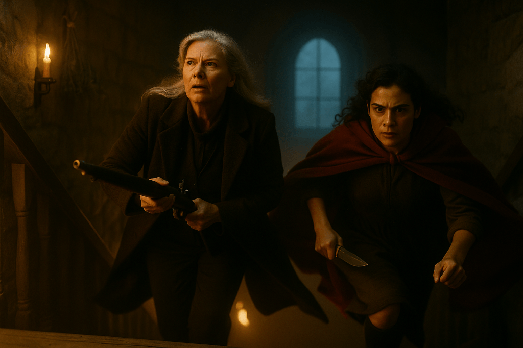 A horizontal, cinematic, photorealistic film still from a French historical fantasy drama, rendered with authentic lens realism and natural analog imperfection.
The scene takes place inside a shadowy, stone-walled staircase within a two-story fairy-tale cottage, lit only by firelight below and moonlight behind. The camera is positioned slightly above the staircase, angled downward to capture Madeleine Valois and Red Valois ascending toward the viewer with fierce determination and unity of motion.
Characters
Madeleine Valois — a striking, silver-haired French woman in her late 60s — charges upward with controlled ferocity.
She wears a dark wool coat and trousers, practical and period-accurate, her coat hem caught mid-motion in a faint directional motion blur, giving her stride energy and realism.
Her antique French flintlock rifle is gripped tightly, angled forward as if ready to aim.
Her expression is focused and resolute, no longer angry but fiercely composed — her eyes lifted slightly upward, as if locking on an unseen Fenris just beyond the frame. The subtle upward gaze adds narrative direction and psychological weight to the shot.
Red Valois, her granddaughter, ascends beside her, her vivid crimson cloak trailing behind her in soft, believable blur.
Her dagger is drawn, reflecting firelight along the blade. Her expression is fearless, brows furrowed, jaw set — the embodiment of courage learned through lineage.
Her movement mirrors Madeleine’s, giving a sense of generational synchronicity — a united front climbing toward destiny.
Lighting & Environment
Firelight from the floor below casts warm orange tones up the stairwell, flickering along the rough stone walls and the wooden stair treads, which show visible wear and scuffing from years of use.
Cold blue moonlight filters through a tall arched window behind them, creating a visual counterpoint — warmth below, coldness above, home meeting the wild.
Fog and dust motes drift through the stairwell, catching the light and softening the atmosphere.
Environmental details include a wall-mounted candle, the faint shadows of hanging herbs, and smoke haze blending into the cool light from the window.
Cinematography & Realism
Depth of field: true photographic separation, with both women’s faces in crisp focus while the background (window, wall edges, stair rail) softens into blur. This creates lens falloff realism akin to a 35mm focal depth.
Film texture: subtle 35mm grain, lens halation around light sources, and natural color bounce between orange firelight and blue moonlight.
Motion blur: faint trailing movement on Madeleine’s coat hem and Red’s cloak, adding fluidity and photographic believability.
Color grading: earthy amber and deep teal palette reminiscent of films like The Revenant or Portrait of a Lady on Fire, maintaining historical authenticity with a mythic undertone.
Composition: diagonal energy created by the rising stairs and flowing garments draws the eye upward — reinforcing the visual metaphor of ascent, defiance, and readiness for battle.
Mood & Theme
The scene feels like the moment before war — two generations of women united against encroaching darkness.
The tone is mythic yet grounded, blending the emotional intensity of a historical epic with the tactile intimacy of a domestic space turned battlefield.
It evokes strength through legacy, resilience through womanhood, and the sacred power of defiance.
The final result is indistinguishable from a real film still, capturing not fantasy spectacle but the cinematic truth of movement, breath, and resolve.