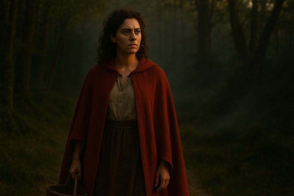 HORIZONTAL CINEMATIC IMAGE: A photorealistic, cinematic image of a young French woman in her late 20s standing alone in a quiet forest clearing at dusk. She has unruly chestnut curls that catch the golden light, and her olive-toned skin glows softly in the fading sun. Her expression is proud and thoughtful, with a furrowed brow and eyes that seem to hold the weight of generations. She wears a simple, weathered red woolen cloak draped over her shoulders, a loose off-white linen blouse tucked into a dark wool skirt, and well-worn leather boots that speak of long walks on rural paths. At her side hangs a hand-woven market basket, filled with herbs and forest goods.

The setting is rural fairy tale France—lush and grounded in realism. Behind her, ancient trees stretch upward, their trunks wrapped in ivy and their canopies filtering the last warm rays of light. The forest floor is scattered with moss and fallen leaves, and the edges of the clearing blur into shadow and a low-hanging mist. There is a hush in the air, as though the woods are holding their breath.

Shot on vintage film with a shallow depth of field. The atmosphere is cinematic—rich in golden hour light, dust particles glowing in the air, and a subtle magic layered into the realism of the moment. Her posture is strong and still, rooted to the earth. This is her land, her legacy. She is Red Valois.