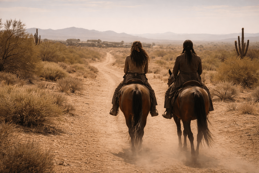 LUMIVORE V1 — EPISODE IV
IMAGE C (FINAL CANON)
“LEAVING TOWN”

FUNCTION

Closure through motion.

This image ends the chapter by looking forward, not back.
It mirrors earlier pursuit imagery — but emptied of urgency.

They are not escaping.
They are not being celebrated.
They are simply moving on.

📍 Placement:
Final paragraphs, beginning with:

“The horizon stretched wide…”

CANON IMAGE PROMPT

A horizontal, cinematic exterior image set in open desert just beyond the frontier town in steady late-morning light, rendered in grounded, photorealistic prestige-film realism. The tone is forward momentum without urgency — departure as habit, not event.

This image captures the sisters already leaving.

PRIMARY COMPOSITION — MOTION AWAY, NOT DISPLAYED

Clara Bowlegs and Maggie “Mags” Bowlegs ride side by side along a dirt trail leading out of town.

They are seen from behind or three-quarter rear view.

Their figures are not centered.

The town recedes into the background — partially obscured by dust, buildings softened by distance, no clear focal point.

The horizon dominates the frame.

The road continues.

FOREGROUND / MIDGROUND — THE SISTERS IN PARALLEL

Clara

Relaxed in the saddle

Body loose, unforced

One hand light on the reins

Her head may turn slightly toward Mags — not to speak, just presence

Her posture reads: content, alive, already elsewhere

Mags

Upright, balanced, deliberate

Reins held steady

Body aligned forward with the road

Tight, clean braids pulled straight back

Duster coat worn, dust-marked, functional

They are not touching.
They do not look back.
They move at the same pace — unremarkable, practiced.

This is partnership without ceremony.

BACKGROUND — THE TOWN LET GO

The town sits behind them, small and already losing definition:

Buildings reduced to shape and color

No waving figures

No attention drawn

Life continues without them.

The town does not frame their exit.
It releases it.

ENVIRONMENT — OPENING SPACE

The landscape ahead opens wide:

Low desert brush

Scattered saguaros

Heat shimmer faint on the horizon

Sky broad, pale, unconcerned

The land is not dramatic.
It is available.

LIGHTING LOGIC

Late-morning light:

Even

Honest

Unemphatic

No glow.
No spotlight.
No farewell warmth.

This is daylight that does not care who passes through it.

CAMERA & FRAMING

Wide shot

Eye-level

Stable horizon

No tilt
No push-in
No compositional heroics

The camera does not follow them.
It lets them go.

TEXTURE & REALISM

Dust kicked up lightly by hooves
Leather creased with use
Fabric settled, not wind-torn
Ground uneven but familiar

Nothing strained.
Nothing symbolic.
Nothing precious.

TONE

Continuation. Habit. Forward motion.

This is not an ending that asks to be remembered.

This is how they live.

🔒 CONTINUITY & STORY LOCKS (DO NOT DEVIATE)

Sisters riding away from town

No backward glances

No heroic framing

No lingering sentiment

Town receding, not centered

Horizon dominant

Late-morning light only

🚫 NEGATIVE PROMPT BLOCK (ENFORCED)

No sunset glow

No triumph poses

No dramatic silhouettes

No symbolic staging

No crowd reaction

No cinematic farewell composition

No modern elements