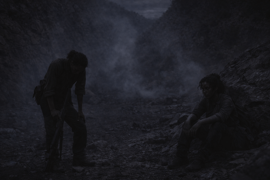 LUMIVORE V1 — EPISODE II
IMAGE 7 (FINAL CANON)
“THE LANDING”
FUNCTION

Emotional release.
The danger has passed, not because it was mastered — but because it moved on.

This image closes the action by restoring stillness.

📍 Place immediately after:

“The canyon went quiet.”

This placement is correct and essential.

CANON IMAGE PROMPT

A horizontal, cinematic exterior image set at deep nightfall in the red-rock canyon, rendered in grounded, photorealistic prestige-film realism. The tone is aftermath calm — not relief, not triumph, but the quiet that follows surviving something loud.

This image captures the moment the sisters touch ground again.

PRIMARY COMPOSITION — RETURN TO EARTH

Maggie “Mags” Bowlegs and Clara Bowlegs are on the canyon floor, both alive, both breathing.

They are not posed.
They are not centered.
They are not performing closure.

They occupy the lower third of the frame, grounded and human.

The train is already gone.

No rails dominate.
No headlamp.
No motion beyond smoke.

The story has moved past them — and left them intact.

FOREGROUND — THE SISTERS AT REST
Mags

Mags stands or kneels slightly bent forward, catching her breath.

Her rifle, Betty, hangs low or rests against the ground — unfired now, no longer active.

Her posture reads as:

shaken

relieved

holding herself together

Her expression is restrained — jaw tight, eyes tired, adrenaline still fading.

Clara

Clara is nearby — sitting, crouched, or leaning against rock.

She looks winded, soot-marked, alive.

Her grin is gone.
What replaces it is softer:

relief

disbelief

the quiet realization that she didn’t die

She is not joking.
She is not reaching for dynamite.

For once, she is still.

ENVIRONMENT — QUIET REASSERTS ITSELF

Smoke thins and drifts upward, no longer driven.

Dust settles.

The canyon walls loom as they always have — indifferent, ancient, unchanged.

Any residual fire is gone or reduced to cold embers, barely visible.

Sound is implied through absence.

This is silence earned by endurance, not victory.

LIGHTING LOGIC

Night has fully taken over

Moonlight or starlight provides faint, cool illumination

No warm glow remains

No artificial light sources

The sisters are visible because the land allows it — not because anything is lit.

CAMERA & FRAMING

Wide shot

Eye-level relative to the ground

Stable horizon

No tilt

No dramatic perspective

The camera is no longer running.
It is resting.

TEXTURE & REALISM

Dust on skin

Smoke thinning into air

Rock cooling after heat

Fabric slack with exhaustion

Nothing moves quickly.
Nothing demands attention.

TONE

Survival. Release. Quiet.

This is not celebration.
This is not a victory pose.

This is the moment where you realize you’re still here.

🔒 CONTINUITY & STORY LOCKS (DO NOT DEVIATE)

Train fully gone

Both sisters on the ground

No guards visible

No fire

No motion beyond drifting smoke

Nightfall lighting only

🚫 NEGATIVE PROMPT BLOCK (ENFORCED)

No heroic framing
No smiles of triumph
No lingering action
No stylized lighting
No dramatic color grading
No modern elements
No spectacle composition

🔒 FINAL INTENT STATEMENT

This image exists to let the reader breathe.

It mirrors IMAGE 4 (“THE WHISTLE”):

Then: intrusion before violence

Now: silence after consequence

The canyon closes its mouth.

And the sisters are still standing.