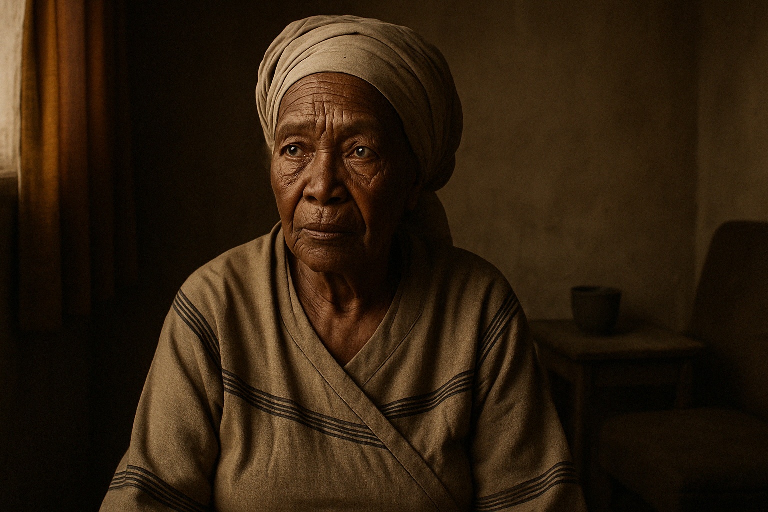 A cinematic image of an elderly South African Xhosa woman sitting in a modest, dimly lit home. Her rich brown skin is textured with deep lines of wisdom and experience. Her silver-gray hair is wrapped in a well-worn, traditional Xhosa doek (headscarf), the fabric soft from years of use, adorned with subtle, meaningful patterns. Her dark, slightly sunken but piercing eyes carry generations of knowledge, love, and loss. She is draped in a traditional Xhosa dress—practical, unembellished, yet dignified—woven with the quiet resilience of a woman who has seen both hardship and hope.