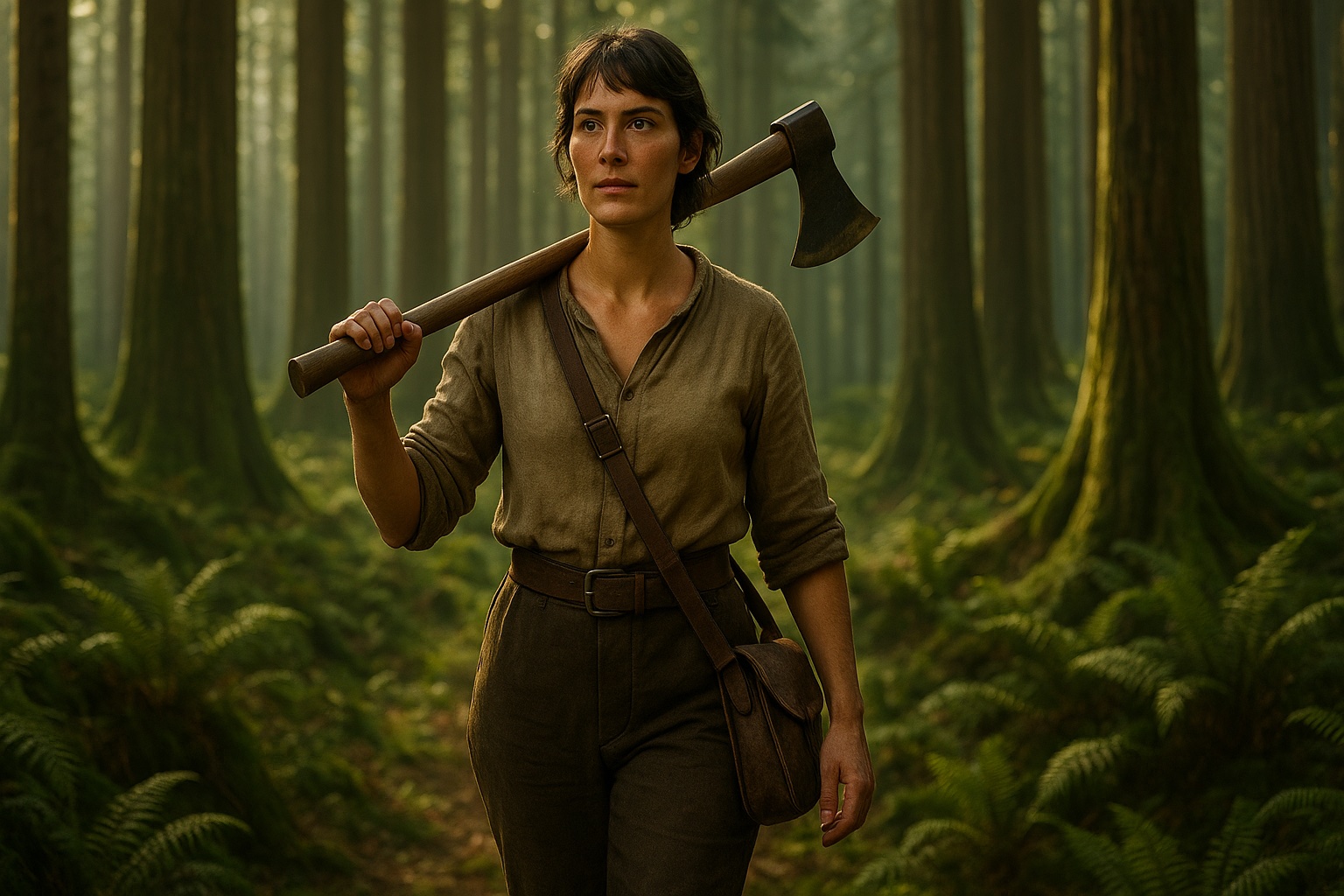 HORIZONTAL CINEMATIC IMAGE: A cinematic, photorealistic, gorgeously shot image of a tall, weathered French woman in her 30s walking through a misty forest clearing at dawn. She has short, dark cropped hair, broad shoulders, and strong but clearly feminine facial features. Her expression is focused and resolute. She wears a plain, earth-toned linen tunic tucked into high-waisted wool trousers, a leather satchel slung across her chest, and scuffed leather boots. Her sleeves are rolled to the elbow. She strides confidently with a handmade French axe resting across one shoulder, one hand gripping the handle. Her profile is caught in golden morning light as she moves through the wild, dew-covered undergrowth of an ancient French woodland. The trees are tall, the ground thick with moss and pine needles. Light shafts pierce the mist behind her. She looks like someone born of the land—watchful, strong, and grounded. Her presence evokes the spirit of a guardian in a timeless fairy tale, unmistakably real and French.