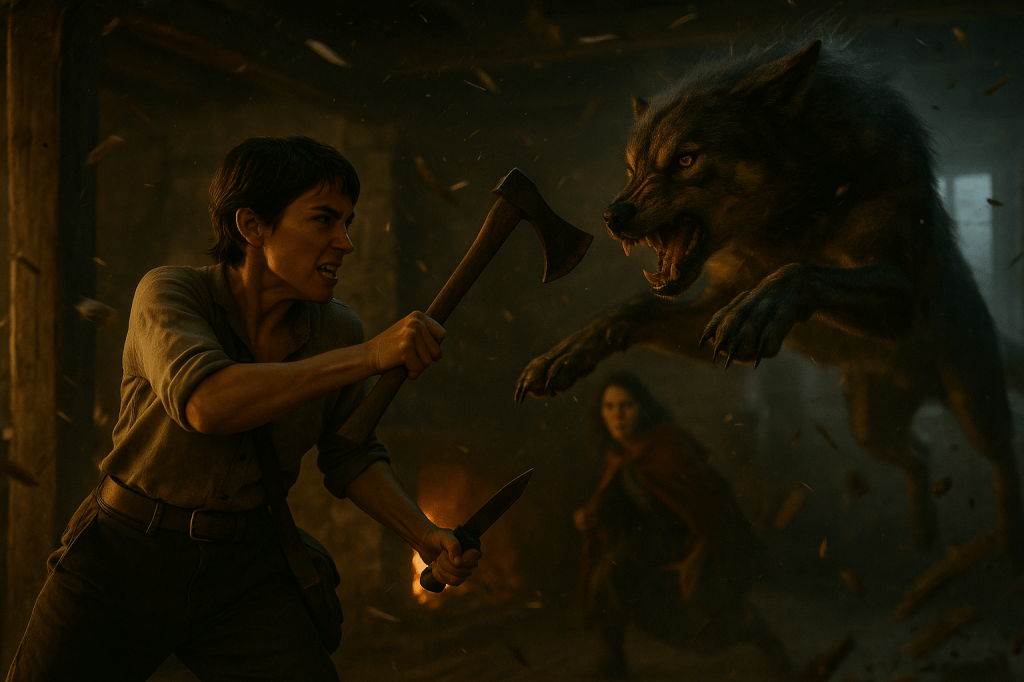 A hyper-realistic, cinematic still frame from a French dark fantasy film, set inside a storm-lit, two-story stone cottage. The atmosphere is tense and electrified, illuminated by the flicker of a roaring hearth and the pale flashes of lightning through narrow windows.
At the center of the frame, Sylvie Valois—a short-haired French woman dressed in a weathered brown linen shirt and wool trousers—swings her axe with ferocious precision. Both of her hands grip the wood handle naturally, with visible strain in her forearms and tight knuckle tension that conveys the full physicality of the strike. Her posture is coiled and powerful, her body twisted mid-swing like a gladiator in combat. Her expression is fierce but controlled: jaw clenched, brows knit, eyes locked on her enemy.
Facing her is Fenris, a massive gray wolf rendered with lifelike anatomical realism. His fur bristles with static and tension, catching both the warm orange light from the hearth and the cold blue tones from the storm outside. He’s lunging forward, one massive paw outstretched like a tiger striking at prey, his muscles rippling, fangs bared, amber eyes burning with fury and intelligence.
The surrounding environment is alive with chaos — flying debris, embers, dust, and shattered wood hang in the air, caught in the dynamic interplay of light and shadow. The camera captures the instant before contact, when time feels suspended.
The cinematography mimics a shallow depth of field shot on a 50mm lens — Sylvie and Fenris are sharply in focus, while the background (stone walls, stair railings, and hanging herbs) falls into a soft, painterly blur. The lighting blends practical sources: firelight glowing in amber tones and lightning flashes bleeding in cool blue hues. Subtle film grain, lens flare, and motion blur on the axe and Fenris’s fur convey tangible movement and cinematic realism.
The overall tone is raw, mythic, and grounded — a fusion of French Gothic naturalism and modern epic cinematography, evoking the emotional charge of a woman defending the sacred heart of her home from an ancient evil.