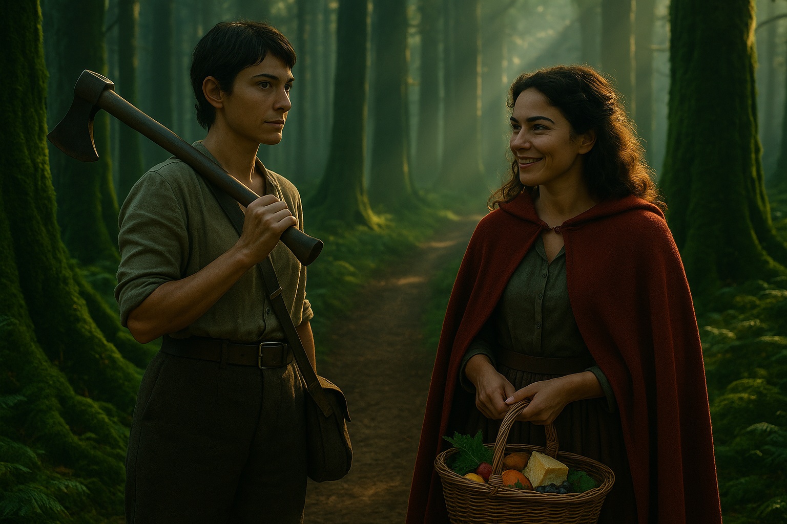HORIZONTAL CINEMATIC IMAGE: A gorgeously shot, photorealistic, cinematic scene set in a deep, ancient French forest at the golden hour of morning. Tall moss-covered trees rise around a narrow dirt path winding through lush ferns and filtered light. On the left stands Sylvie Châtillon, a tall, weathered French woman in her 30s with cropped dark hair, broad shoulders, and strikingly strong yet feminine features. She wears a plain linen tunic tucked into high-waisted wool trousers, a wide leather belt, and scuffed boots. A handmade axe rests over her shoulder, her sharp gaze focused ahead with quiet vigilance. A leather satchel hangs across her chest.

Across from her stands Red Valois, a younger French woman in her late 20s with tousled chestnut curls and olive-toned skin. She wears a long crimson wool cloak draped over a simple earth-toned linen dress, and carries a woven market basket filled with herbs, fruit, and a wedge of cheese wrapped in cloth. Her expression is warm and relaxed, a sly smile on her lips as she looks at Sylvie mid-conversation. Dust motes dance in the shafts of golden light streaming through the trees. The atmosphere is timeless, grounded in folklore, alive with birdsong and subtle tension. Their postures speak of trust, history, and unspoken care, frozen in a fleeting moment before parting.