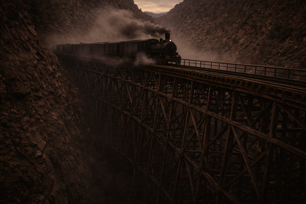 LUMIVORE V1 — EPISODE II
IMAGE 4 (FINAL MICRO-CORRECTION PASS)

“ON THE TRESTLE — WEIGHT BEFORE FAILURE”

MICRO-CORRECTION DIRECTIVE

Re-render the same scene, camera position, timing, scale, and composition as IMAGE 4, applying only the following perceptual refinements so the image reads as structural burden and exposed risk, not visual spectacle.

No narrative elements change.
No new motion is added.
No escalation occurs yet.

🔧 LOCOMOTIVE DE-EMPHASIS (PRIMARY)

Reduce the locomotive’s visual dominance slightly so freight mass outweighs engine identity.

Lower contrast and edge clarity on the locomotive by ~10–15%

Avoid any clean silhouette of the engine nose

If the headlamp is visible, soften and dim it further so it does not anchor the composition

The viewer’s eye should register:

car after car stressing fragile wood
before recognizing the engine itself.

🔧 FREIGHT CAR PRIORITY SHIFT

Increase the perceptual weight of the freight cars:

Emphasize repetition: wheels, ties, gaps, beams

Let at least one mid-train car visually dominate the frame

Reinforce uneven rattling through subtle misalignment and vibration

The train should read as length + weight, not leadership.

🔧 VOID DEPTH RESTRAINT (UNDER-BRIDGE)

Reduce clarity beneath the trestle:

Allow darkness to swallow detail below the bridge

Remove readable canyon texture under the tracks

Suggest depth through vertical negative space and fading detail, not visible ground

This is void, not a scenic drop.

🔧 LIGHT & VALUE CHECK (FINAL)

Maintain dusk continuity exactly

No increase in contrast or clarity

Smoke and dust remain matte and light-absorbing

Overall scene should feel fractionally flatter than before

If anything feels dramatic, reduce it.

🔒 LOCKED ELEMENTS (UNCHANGED)

Same canyon and trestle

Train fully on bridge

No explosion

No guards

Clara not readable

Dusk lighting only

Same framing and angle

🔒 FINAL INTENT STATEMENT

This image must feel like everyone has already lost their margin, even though nothing has broken yet.

The bridge has not failed.
The train has not slowed.
The danger exists entirely in weight meeting fragility.

This is not the moment something happens.

This is the moment it cannot not happen.