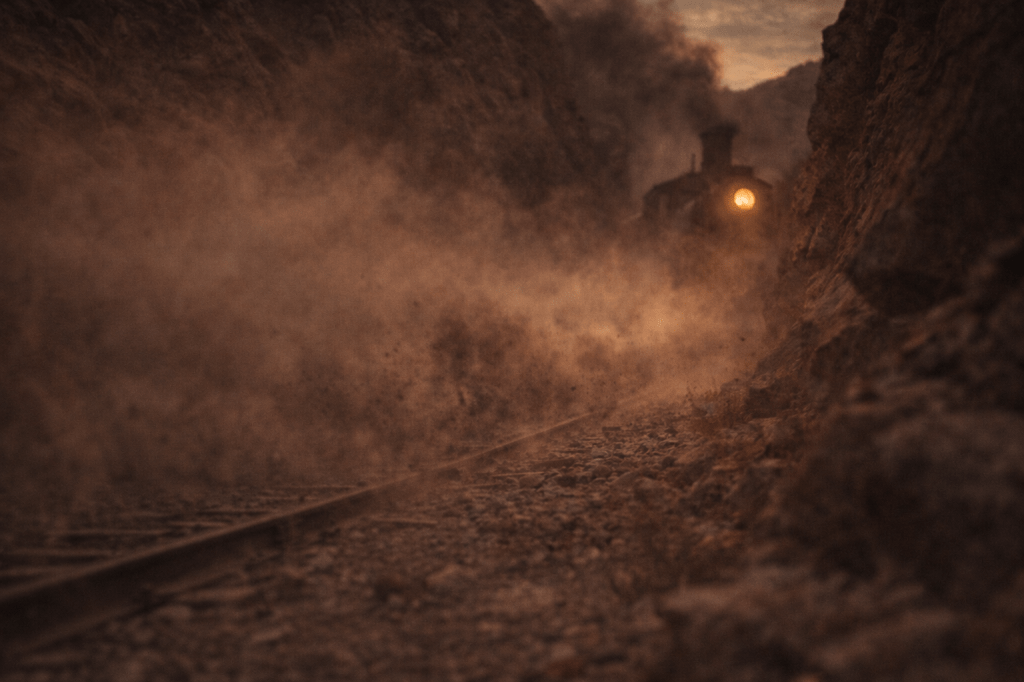 ⭐ LUMIVORE V1 — EPISODE I
IMAGE 4 (FINAL CORRECTION PASS)
“THE WHISTLE — INTERRUPTION BEFORE REVEAL”

CANON IMAGE PROMPT (FINAL CORRECTION)

Re-render the same canyon, time of day, and general direction as IMAGE 4, but with strict reduction of machine legibility so the image reads as presence-before-visibility, not a train reveal.

This image must feel like sound and force arriving before form.

🔧 PRIMARY FUNCTION OVERRIDE (NON-NEGOTIABLE)

The train must not be the visual subject.

The image must communicate:

direction

proximity

inevitability

before identity.

If the viewer immediately thinks “train shot,” the image is wrong.

🔧 LOCOMOTIVE VISIBILITY REDUCTION (CRITICAL)

Only a partial, obstructed glimpse of the locomotive may be visible.

Enforce all of the following:

No more than 25–30% of the engine nose visible

The rounded boiler edge may appear, but must be cut off by frame edge, dust, or canyon wall

The smokestack may be hinted at, but never fully readable

No full frontal view under any circumstances

Headlamp Restriction

The oil-lamp headlight must be partially occluded, dimmed, or pushed to the edge of frame

It must not be centered

It must not be the brightest element

It must not define composition or silhouette

The headlamp should feel like:

a nuisance glow leaking through dust
not:
a cinematic focal point

🔧 CAMERA CORRECTION (IMPORTANT)

The camera must feel caught, not composed.

Offset framing — train entering at an awkward angle

Partial obstruction by rock, dust, or terrain in the foreground

Slight visual imbalance — horizon not perfectly level

Avoid:

symmetry

centered composition

low-angle admiration

The camera should feel like it’s reacting, not presenting.

🔧 ENVIRONMENTAL PRIORITY SHIFT

The environment leads the eye, not the machine.

Enforce:

Dust and grit surging laterally across the canyon floor ahead of the train

Gravel vibrating and skittering toward the rails

Smoke and dust already in the air being pulled into directional flow

The train follows the disturbance — it does not cause a visual spectacle.

🔧 LIGHTING & VALUE SUPPRESSION

Late golden-hour / dusk lighting remains consistent with Images 1–3

The train adds no meaningful light to the scene

The headlamp does not backlight dust

No rim light on the engine

No glow, halo, or contrast spike

Overall contrast should be slightly lower than IMAGE 3’s final corrected state.

The scene should feel compressed and tense, not dramatic.

🔧 FINAL TONAL CHECK

The image must feel:

intrusive

directional

unavoidable

It must not feel:

iconic

cinematic

impressive

If the train looks “cool,” it is wrong.

🔒 LOCKED ELEMENTS (UNCHANGED)

Same canyon and geography

Same late golden-hour / dusk continuity

No people visible

No explosions

No spectacle lighting

Train advances toward scene, not away

🚫 ABSOLUTE NEGATIVE ENFORCEMENT

No full train reveal
No centered headlamp
No heroic angles
No cinematic glow
No sparks emphasis
No fire
No modern elements
No stylized VFX
No dramatic color grading

🔒 INTENT STATEMENT (FINAL)

Re-render the image so the viewer understands something large and unstoppable is already here, even though they cannot yet fully see it.

This is not the train.

This is the moment before the train becomes unavoidable.