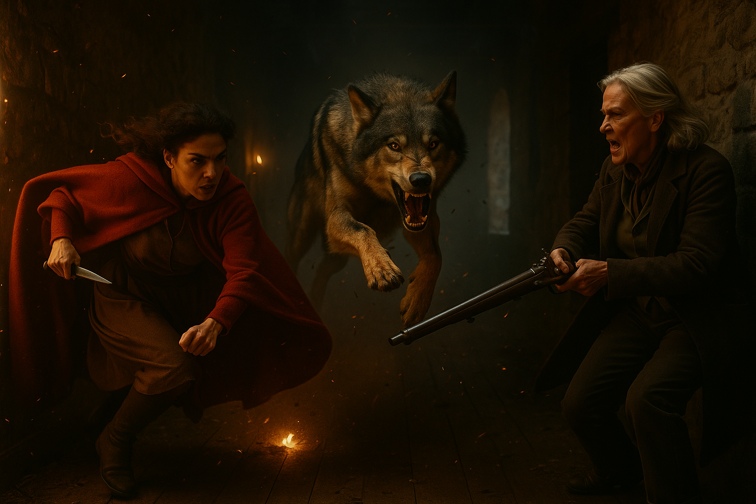 A photorealistic, cinematic horizontal image that captures the climactic battle in a shadowed upstairs hallway of an ancient French stone mansion-cottage. The scene is lit by flickering orange firelight and smoky blue ambient tones, creating a haunting chiaroscuro atmosphere. Smoke, floating embers, and drifting dust hang suspended in the air, illuminated by shafts of fractured light that cut through the chaos. The tone evokes an operatic realism — as if this were a key frame from an award-winning fantasy drama.
The setting feels intimate yet perilous: rough stone walls, warped wooden floorboards, and a narrow passage lined with flickering iron sconces and fallen lanterns. The surfaces glisten faintly with moisture and heat distortion from the fires below, suggesting that the battle has already spread through the cottage. In the distance, faint sparks and a warm haze pour from a stairwell, emphasizing depth and perspective.
At the center of the frame, Red — a young French woman in her early twenties with tousled dark hair and a weathered red wool cloak — dives to the right, dagger gripped tightly in her hand. Her face is fierce and focused, brow furrowed, her expression one of both terror and resolve. The movement of her cloak arcs like liquid flame, trailing behind her mid-air, lit from below by the warm flare of a fire or magical glow. Her linen dress and leather boots show mud and wear, grounding her in tactile realism.
Opposite her, Madeleine Valois, an older French woman with silver hair swept back and a long brown wool coat, steps back with calculated precision. She holds her antique flintlock rifle at the ready, bracing the butt against her shoulder as the barrel flashes with the faint glow of powder about to ignite. Her eyes are steely, her expression grim and protective. Her coat flares at the motion, revealing hints of layered wool and leather — battle-worn but dignified. Her figure embodies the calm fury of a matriarch who has survived everything the world could throw at her.
Between them, the wolf Fenris dominates the visual space — a massive, dew-dampened gray beast lunging from the center of the corridor. His body twists mid-motion, caught in a supernatural blur of muscle and motion. His eyes glow faint amber in the firelight, his fangs bared and fur bristling as if electrified by magic. His front claws rake the floor, scattering splinters and debris. The mist curling around his form gives him an ethereal, otherworldly presence — a creature both real and mythic.
Around them, the air itself seems alive: embers drift, wood groans, a shattered lantern leaks light across the floorboards, and the faint outline of an arcane sigil flickers against a wall, barely visible in the haze. Every surface — the grain of the wood, the fabric of their clothing, the fur of the wolf — is rendered with precise textural realism, as though this were a still from a 70mm epic.
The composition follows classic cinematic framing:
A triangular layout anchoring Red, Madeleine, and Fenris as the three vertices of conflict.
A low, forward camera angle, slightly off-center, capturing the illusion of depth and motion — as if the viewer is caught in the middle of the chaos.
Dynamic lighting split between warm (firelight) and cool (smoke-filtered window light), creating a perfect balance of emotional tone: fear, power, unity, defiance.
The mood is primal and mythic — a generational standoff between human will and monstrous instinct. The interplay of flame and fog makes the scene pulse with both realism and allegory. It is not merely a fight but an act of inheritance — a moment where bloodline, memory, and vengeance converge in motion.
The overall aesthetic draws inspiration from cinematic realism found in films like The Northman, The Witch, Brotherhood of the Wolf, and The Revenant, but seen through a French fairy tale lens — every texture, breath, and glint of light serving the story of women reclaiming power in the face of the ancient and predatory.