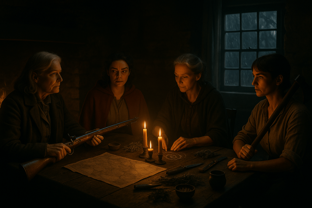 A cinematic, hyper-realistic digital painting in a dark fairy-tale style.
The setting is a small, stone cottage at the edge of an ancient Sacred Grove during a thunderstorm. Rain lashes against the window while firelight and candlelight cast shifting golden shadows across rough stone walls.
At the center, four women sit around a battered wooden table covered in maps, herbs, sigils drawn in salt, knives, and an old hunting rifle. The atmosphere is heavy with tension, resolve, and ancestral magic.
Red, a young woman with curly dark hair and expressive eyes, wears a weathered red cloak and earth-toned dress. She sits forward, hands clasped, her face lit by the flicker of the fire—determined but slightly fearful.
Madeleine, an older woman with silver hair tied back neatly, sits at the table’s head holding the rifle with quiet authority. She wears a dark brown wool coat and practical clothes. Her face is lined with strength and wisdom—this is the matriarch, calm before battle.
Élodie, a serene woman in a deep green cloak, traces a rune in salt near the candles. She glows softly in the firelight, her expression peaceful yet powerful—an earth-bound mystic connected to the Grove’s ancient energy.
Sylvie, strong and vigilant, sits opposite with an axe across her lap. She wears simple forest-brown clothes, her short dark hair tousled, her gaze steady and fierce—she’s the pragmatic hunter ready to strike.
Each woman’s posture shows resolve and unity: a sisterhood preparing for confrontation.
Outside, lightning faintly illuminates moss-covered trees through the window. Inside, warm amber candlelight contrasts against the cold blue tones of the storm, creating a chiaroscuro balance of fire and rain, humanity and wilderness.
Cinematic lighting, 2.39:1 aspect ratio, realistic depth of field, subtle texture of candle smoke in the air, painterly yet photo-realistic style reminiscent of The Witch (2015) or Portrait of a Lady on Fire (2019).
Keywords: dark fairy tale realism, feminist mythic atmosphere, sacred forest, firelight and storm contrast, cinematic composition, emotional gravity, sisterhood, courage before the hunt.