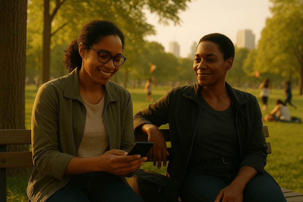 CINEMATIC PHOTOREALISTIC IMAGE PROMPT — “A Week Later” (Epilogue Scene)
HORIZONTAL 16:9 — exterior, city park in late afternoon.
Golden sunlight filters through tall trees, the air warm and still after a storm.
Foreground:
Lena Carter, mid-30s Black woman with warm brown skin, tied-back curls, and glasses, sits on a wooden bench, posture relaxed but thoughtful.
She wears a casual light jacket over a neutral blouse and jeans.
She holds a phone in her hand, reading a message, a faint smile forming — a look of disbelief and pride.
Beside her:
Aisha Reynolds, late 30s Black woman with medium-brown skin and short natural hair, realistic and grounded in appearance.
She wears a dark fitted short-sleeve top and jeans, a lightweight jacket slung open.
Her laptop bag rests on the ground near her feet, a faint glow visible through the slightly open flap, hinting at ongoing work.
She leans back, one arm over the bench, watching Lena with a knowing grin.
Background:
The park is alive — joggers passing, children flying kites, a family picnic under trees.
Warm light glows through leaves; the distant city skyline shimmers beyond the treeline.
A nearby tree shows a faint scar catching sunlight, symbolic of survival.
Lighting tone:
Golden-hour sunlight with soft lens flare, warm amber and pale green hues, cinematic realism.
Contrast between soft foreground shadows and radiant background glow.
Natural film grain and lens texture.
Camera:
Medium-wide shot, eye-level, off-center framing (rule of thirds), placing Lena and Aisha in focus against a lively background.
Shallow depth of field isolates them in warmth and calm.
Fine natural detail: skin texture, hair catching sunlight, motion in grass and leaves.
Mood: calm resilience, healing, continuity.
Atmosphere: warm, reflective, quietly triumphant — two women who survived the system and now carry the fire forward.